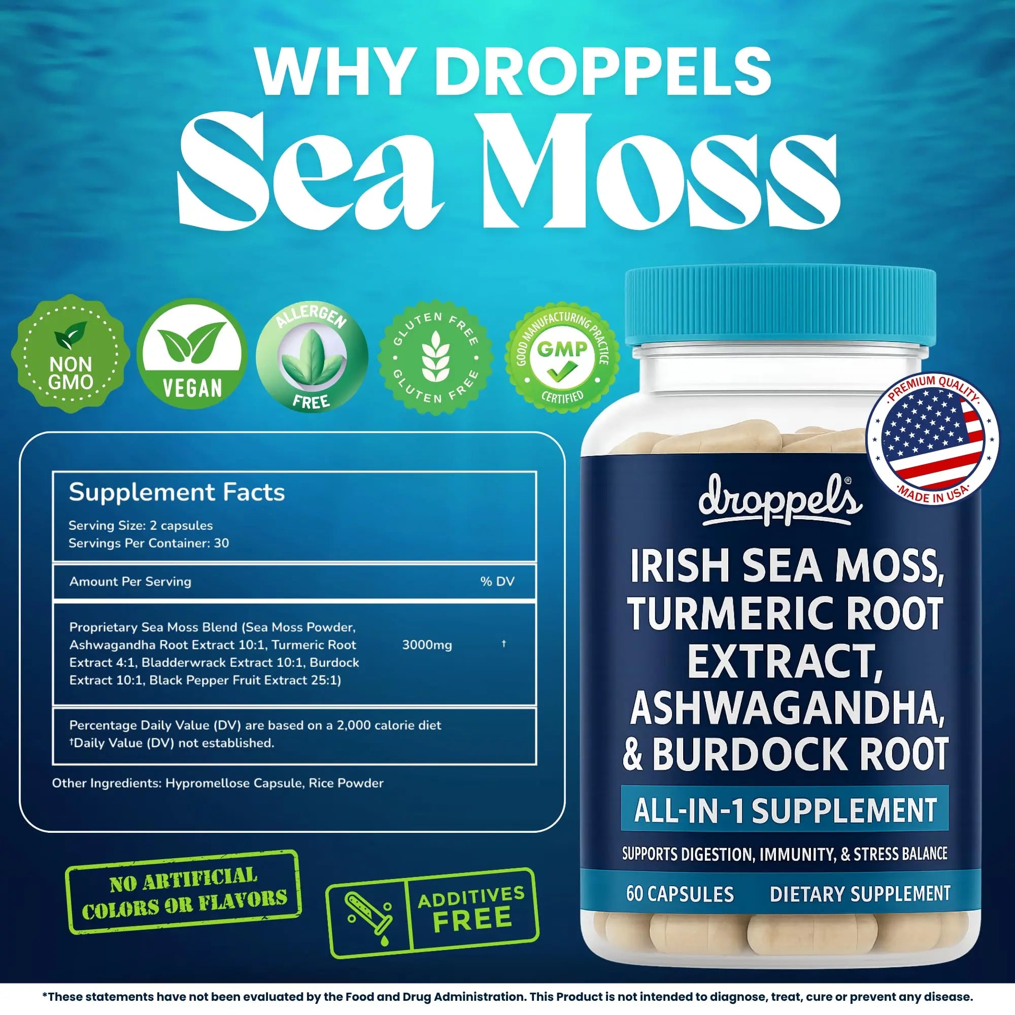 Droppels Irish Sea Moss Capsules with Turmeric Root, Ashwagandha, Black Pepper & Burdock Root – Natural Mineral Blend for Immune, Digestion, Joint & Energy Support – Vegan, Non-GMO – 60 Capsules DroppelsAu supplements