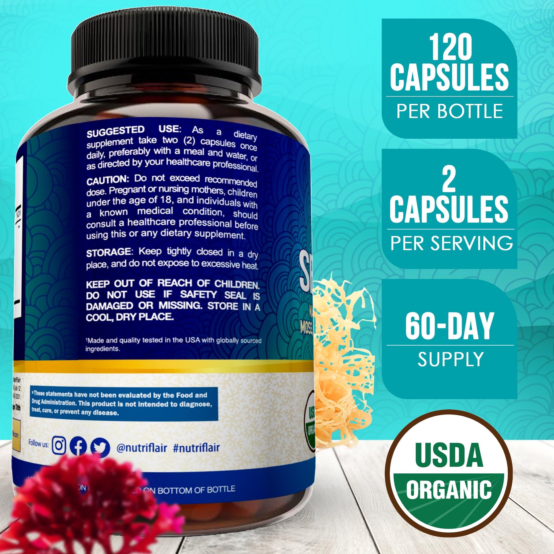 NutriFlair Organic Sea Moss 1600mg, 120 Capsules Plus Bladderwrack & Burdock - Prebiotic Super Food - Immune System & Digestive Health - Thyroid, Healthy Skin, Keto Detox, Gut NutriFlairAu supplements