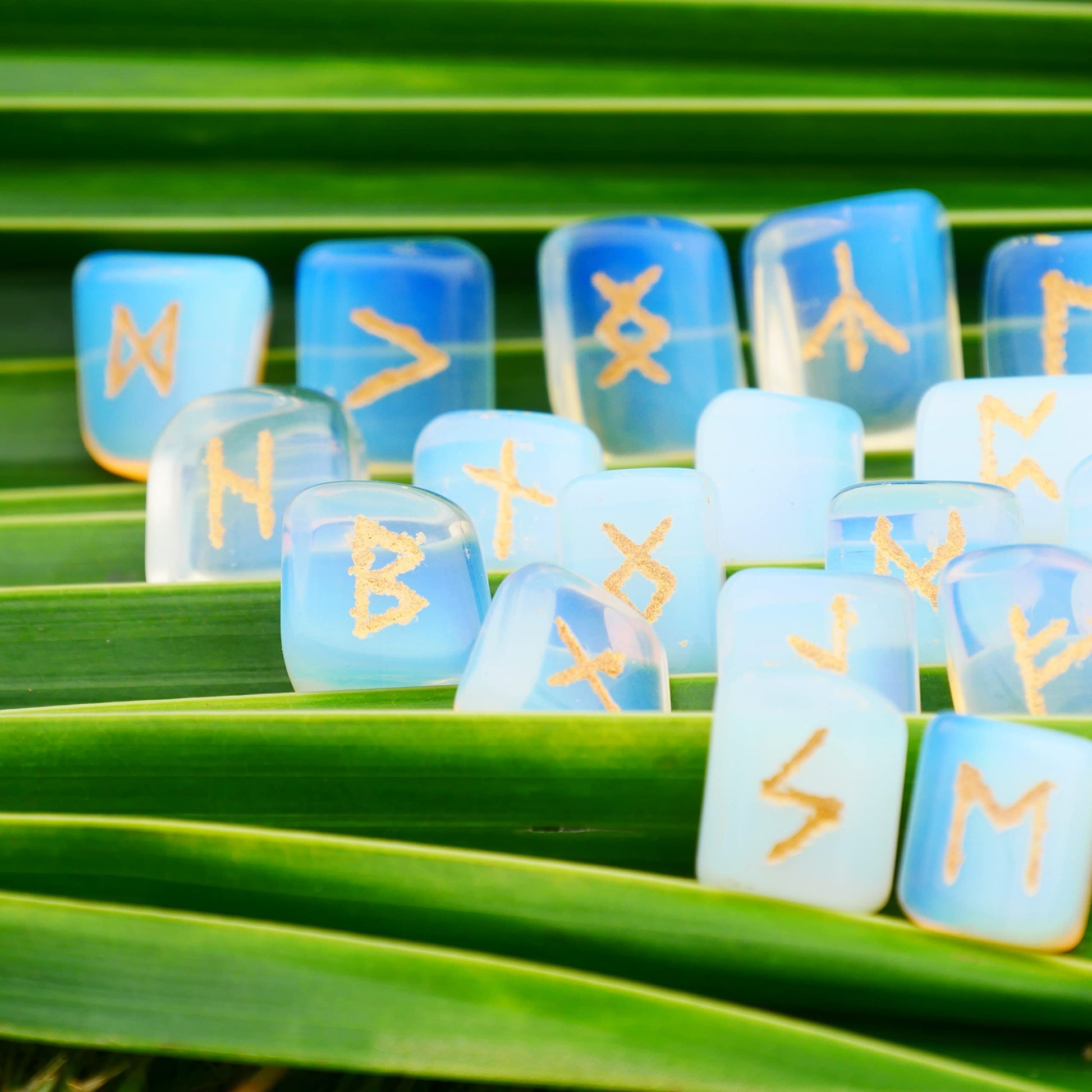 Opalite Rune Stone - Rune Set - Engraved Elder Futhark Alphabet Symbols - Witchcraft Crystals QUIPSAAu supplements