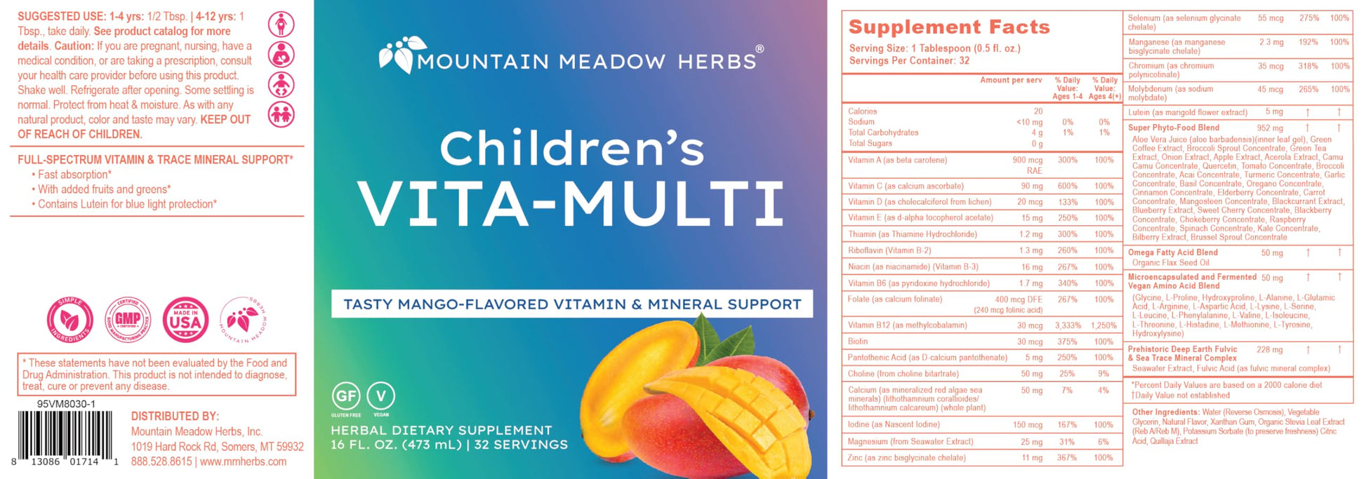 Mountain Meadow Herbs Children's Vita-Multi: Blended Vitamin & Mineral Supplement - Fast Absorbing Liquid Kids Vitamins with Fruits, Greens, and Eye-Protecting Lutein (16 oz.) Mountain Meadow HerbsAu supplements
