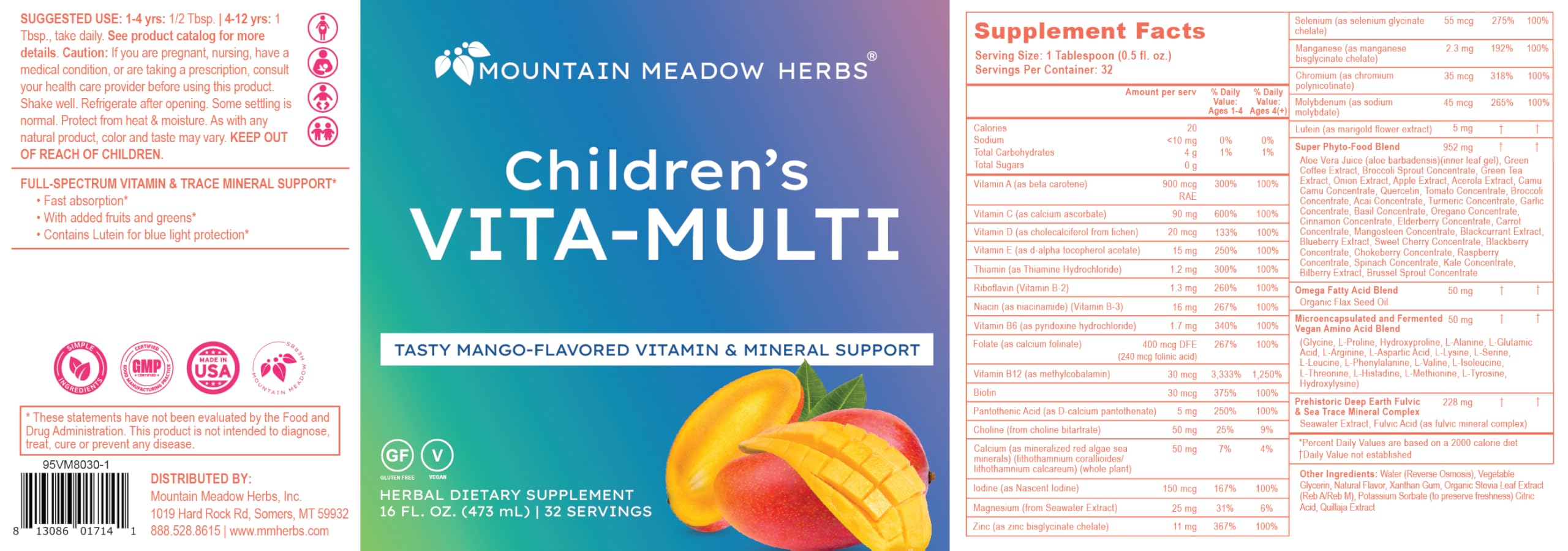 Mountain Meadow Herbs Children's Vita-Multi: Blended Vitamin & Mineral Supplement - Fast Absorbing Liquid Kids Vitamins with Fruits, Greens, and Eye-Protecting Lutein (16 oz.) Mountain Meadow HerbsAu supplements