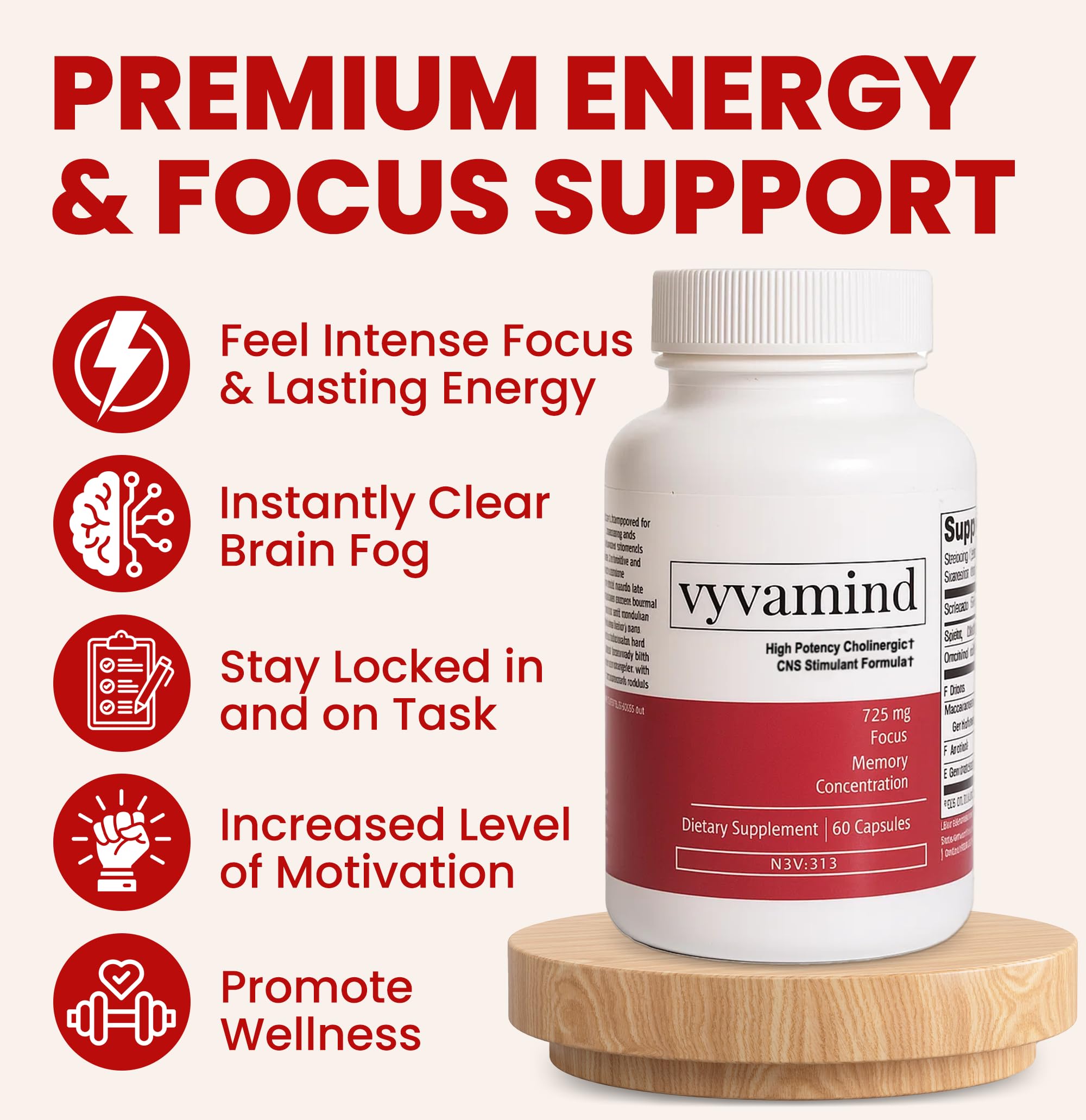 vyvamind Neurostimulant + Focus Aid Nootropic for Enhanced Concentration & Mental Clarity, Brain Support with Caffeine L-Theanine, Fast-Acting Cognitive Boost, 60 Capsules vyvamind Neurostimulant + Focus AidAu supplements