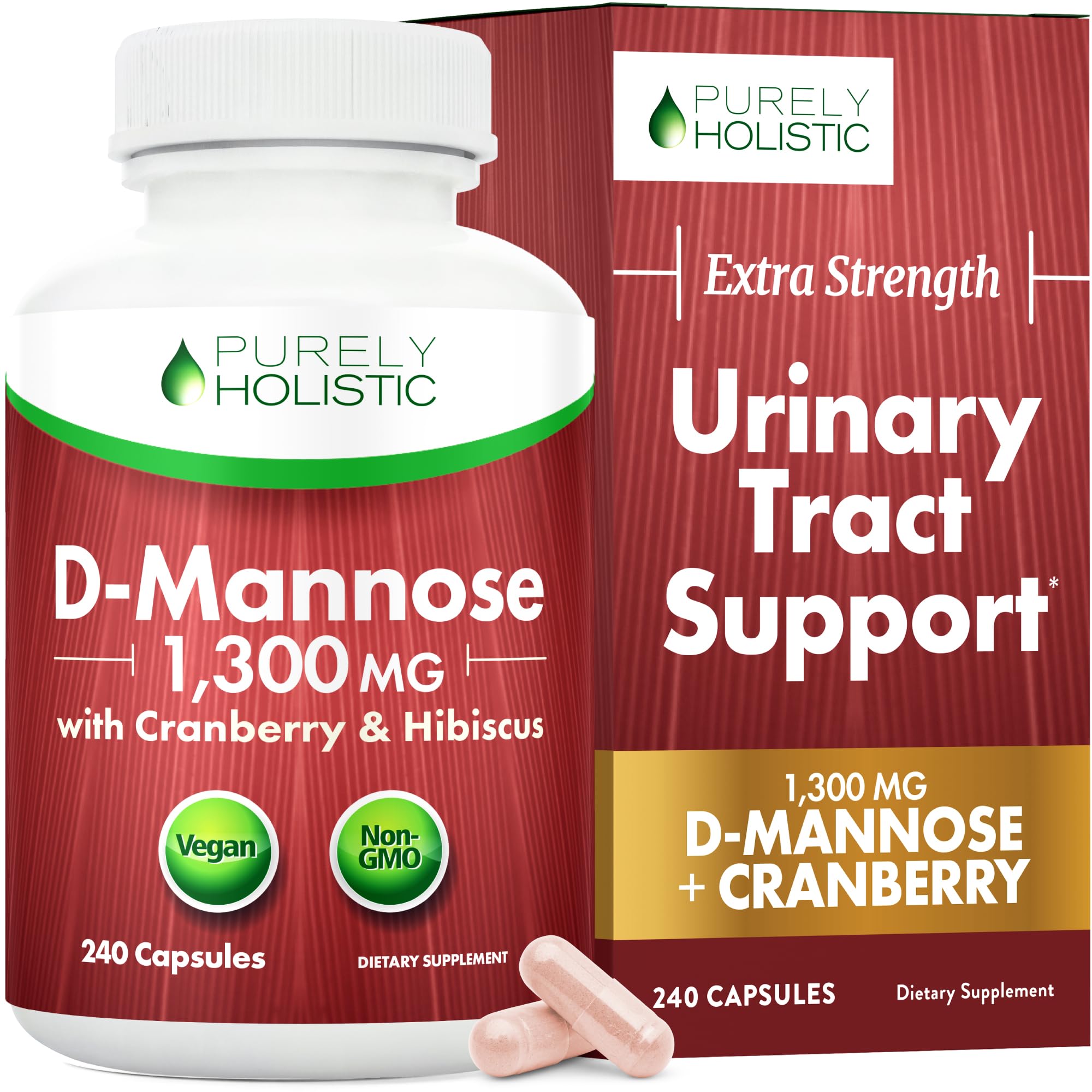 D Mannose with Cranberry | Drug-Free Urinary Tract Health Support | Evidence-Based DMannose 1300mg for Urinary & Bladder Health for Women | D Mannose Supplements for Women & Men | Non-GMO | 240 Ct Purely HolisticAu supplements