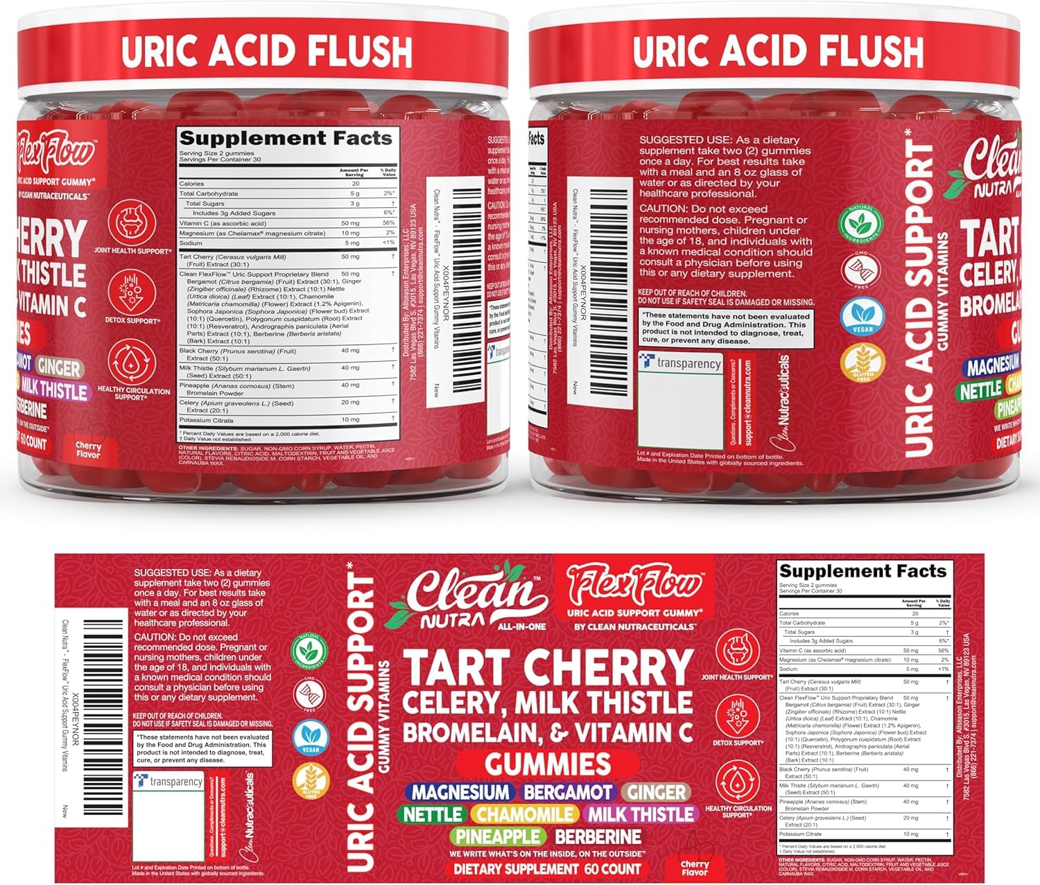 Clean Nutra Tart Cherry Gummies Uric Acid Flush Celery Milk Thistle Bromelain Vitamin C Magnesium Citrus Bergamot Ginger Stinging Nettle Leaf Chamomile Berberine Quercetin Support 60 Gummy Vitamins Clean NutraceuticalsAu supplements