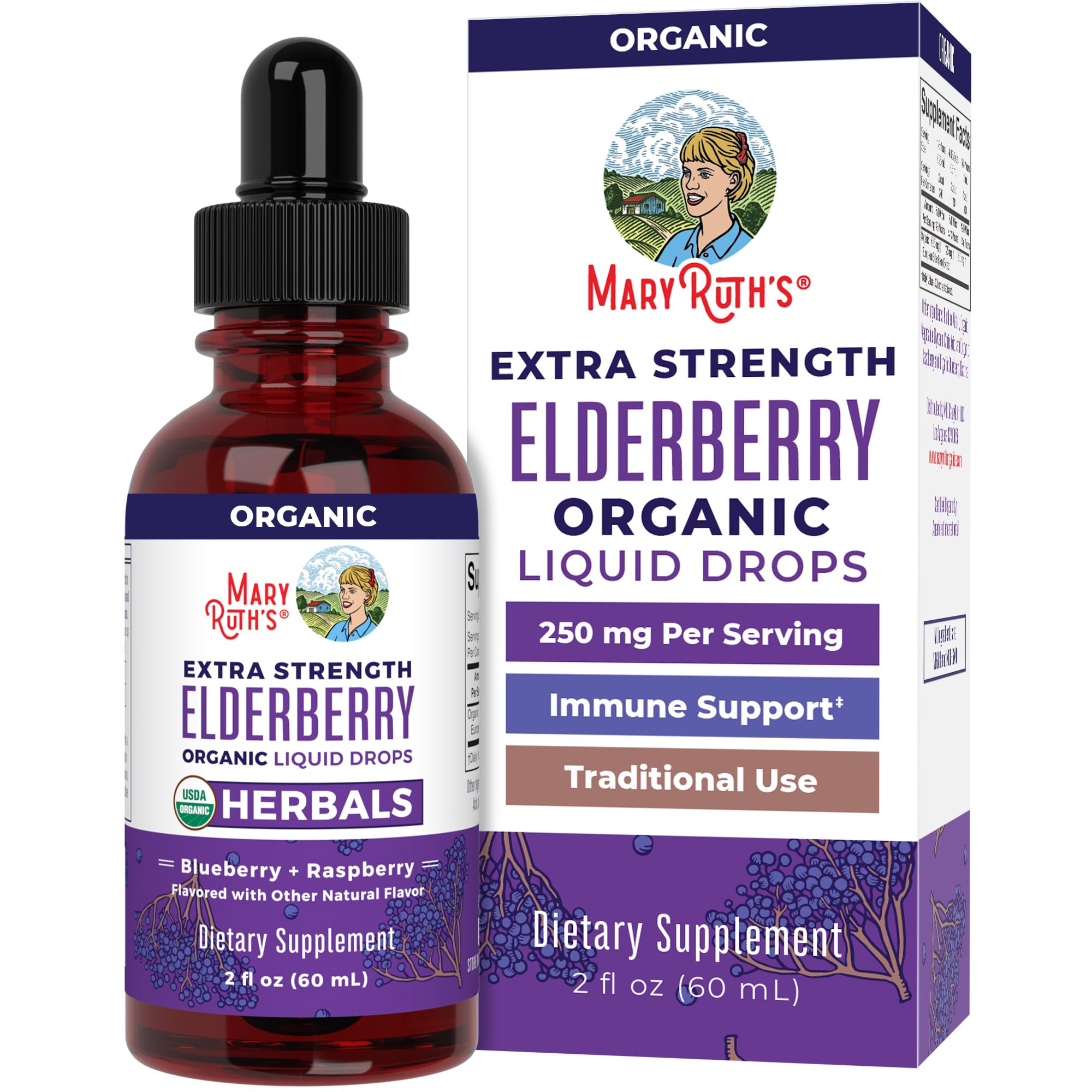 MaryRuth Organics Elderberry Syrup Extra Strength, USDA Organic Elderberry, Sugar Free Adults & Kids Immune Support Supplement for Ages 1+, Clean Label Project Verified®, Vegan, Gluten Free, 2 Fl Oz MARYRUTH'SUS supplements