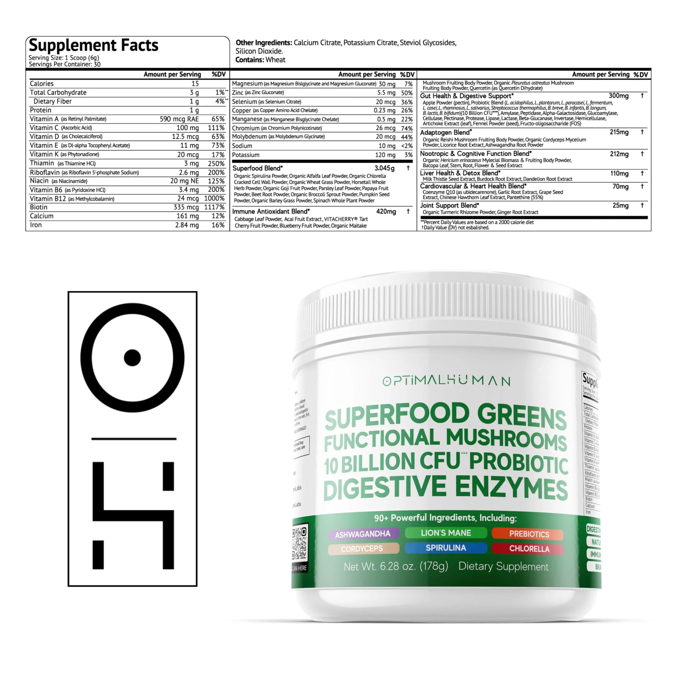 Optimal Human Superfood Greens Powder – 90+ Ingredient Blend with Lion’s Mane Supplement, Ashwagandha & Turmeric O HAu supplements