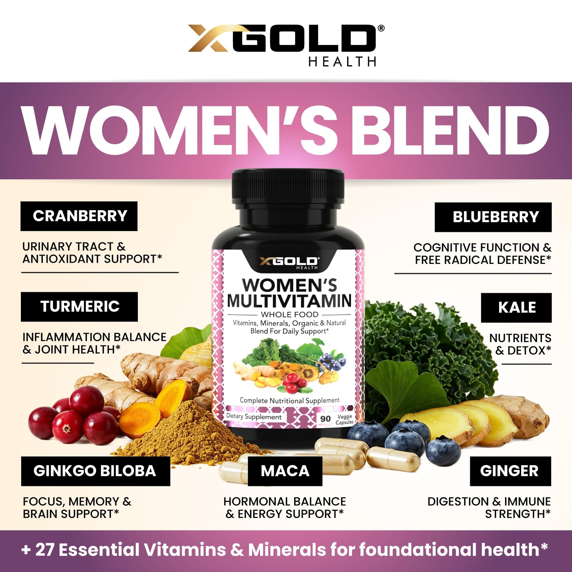 Vegan Women's Daily Multivitamin 50 Plus with Organic WholeFood Based Natural Ingredients, Ginger, Maca, Multi-Vitamin B Complex & More X Gold HealthUS supplements