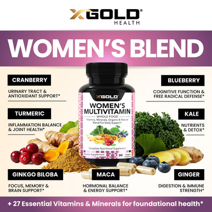 Vegan Women's Daily Multivitamin 50 Plus with Organic WholeFood Based Natural Ingredients, Ginger, Maca, Multi-Vitamin B Complex & More X Gold HealthUS supplements