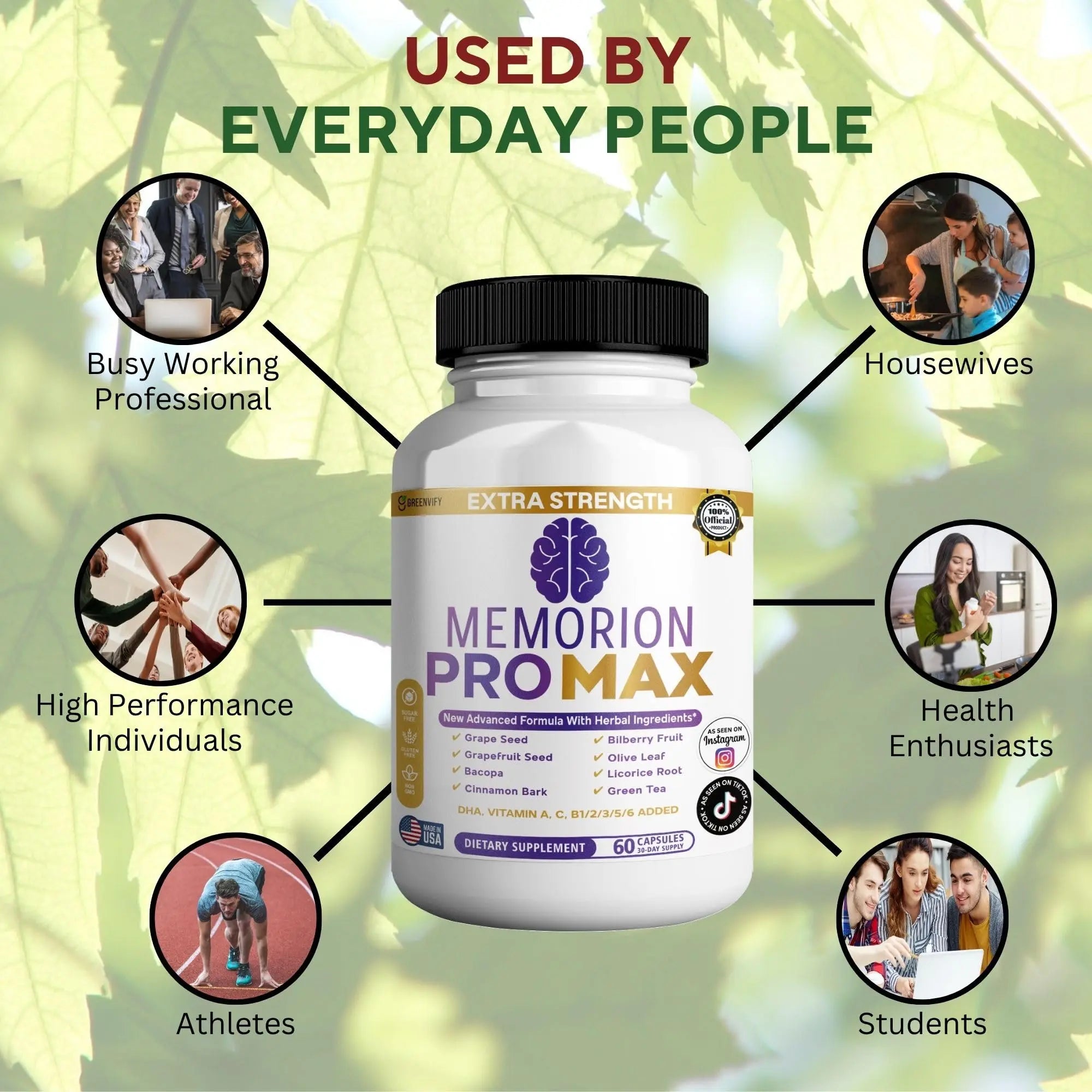 GREENVIFY Memorion Pro Max Extra Strength Brain Support Supplement, 60 Capsules, with DHA, Vitamins, Herbal Blend, 30-Day Supply (1) GREENVIFYnz supplements