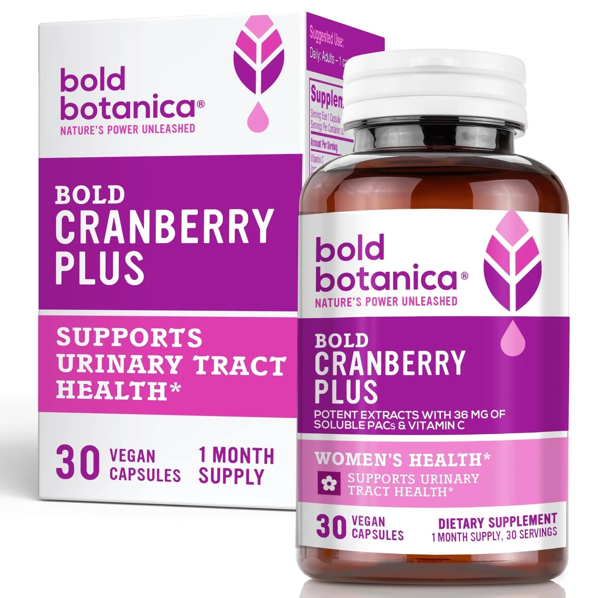 Bold Cranberry Plus Capsules - 100% Soluble 36mg PACs - Cranberry Pills for Women & Men with Urinary Tract Support, Non-GMO Vitamin C — 30 Vegan Capsules, 1 Month Supply Bold BotanicaAu supplements
