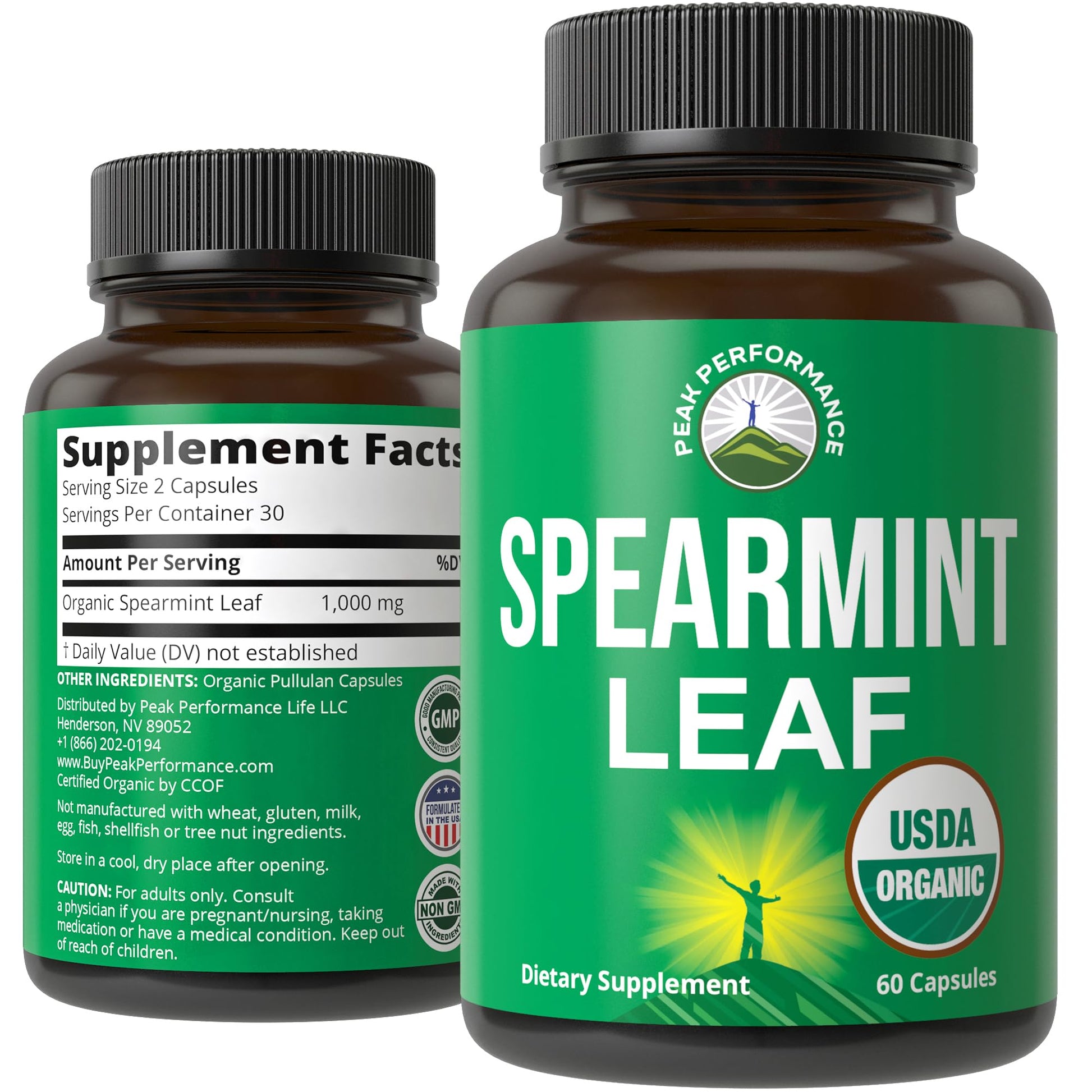 Peak Performance USDA Organic Spearmint Capsules. Organic Vegan Spearmint Leaf Pills for Digestive Support, Ingestion, and More. USA Tested Supplement for Women and Men. Peak PerformanceAu supplements