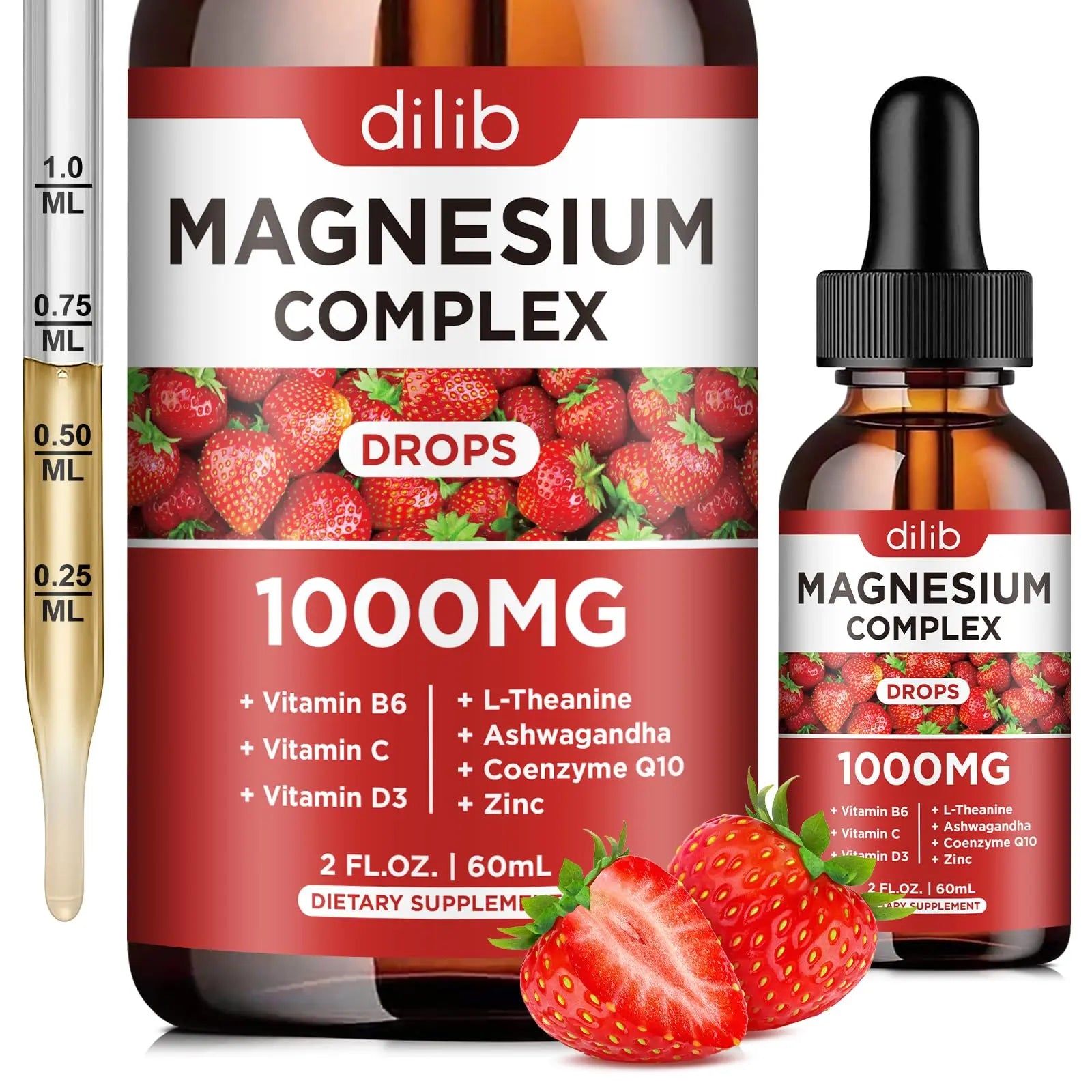 Triple Magnesium Complex Supplement, Magnesium Glycinate, Blend, Citrate Liquid Drops 1000mg with Ashwagandha, CoQ10, Vitamin B6, C, D, Zinc -Support Calm Stress Relief, Bone, Muscle, Mood Vegan dilibAu supplements
