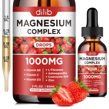 Triple Magnesium Complex Supplement, Magnesium Glycinate, Blend, Citrate Liquid Drops 1000mg with Ashwagandha, CoQ10, Vitamin B6, C, D, Zinc -Support Calm Stress Relief, Bone, Muscle, Mood Vegan dilibAu supplements