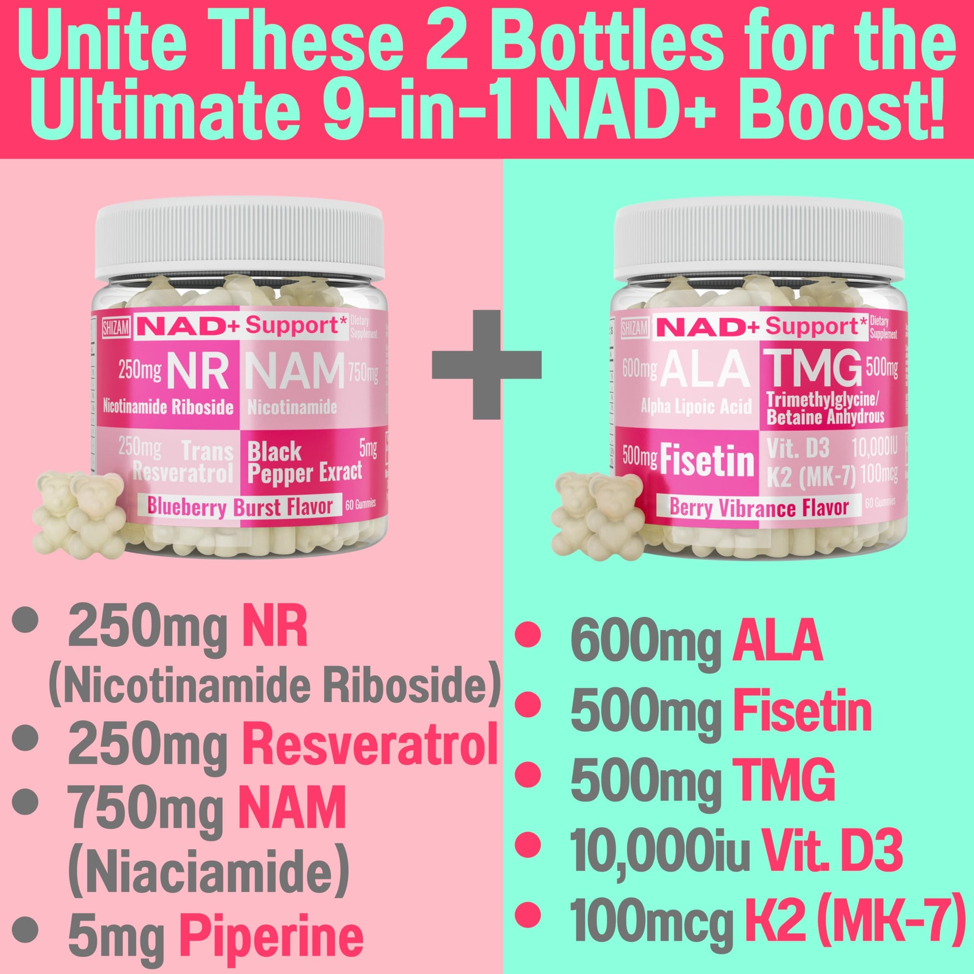 SHIZAM TMG Betaine Alpha Lipoic Acid ALA D3 Fisetin Gummies, Tri-Methylglycine trimethylglycine R-Alpha NAD+ Plus + HCL Supplements, Mitochondrial Senolytic Activator, NR Capsules Powder 600mg 1000mg SHIZAMAu supplements