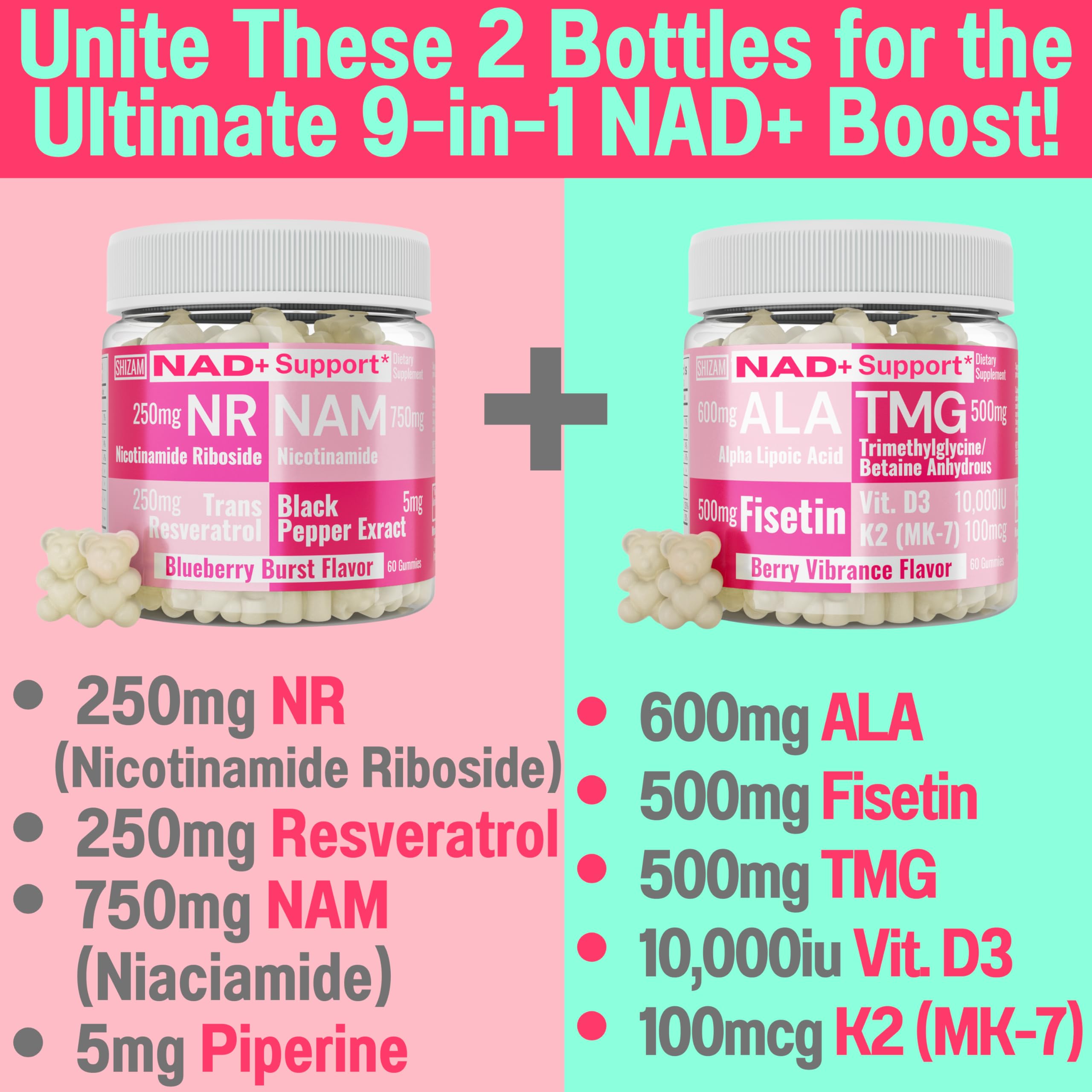 SHIZAM TMG Betaine Alpha Lipoic Acid ALA D3 Fisetin Gummies, Tri-Methylglycine trimethylglycine R-Alpha NAD+ Plus + HCL Supplements, Mitochondrial Senolytic Activator, NR Capsules Powder 600mg 1000mg SHIZAMAu supplements