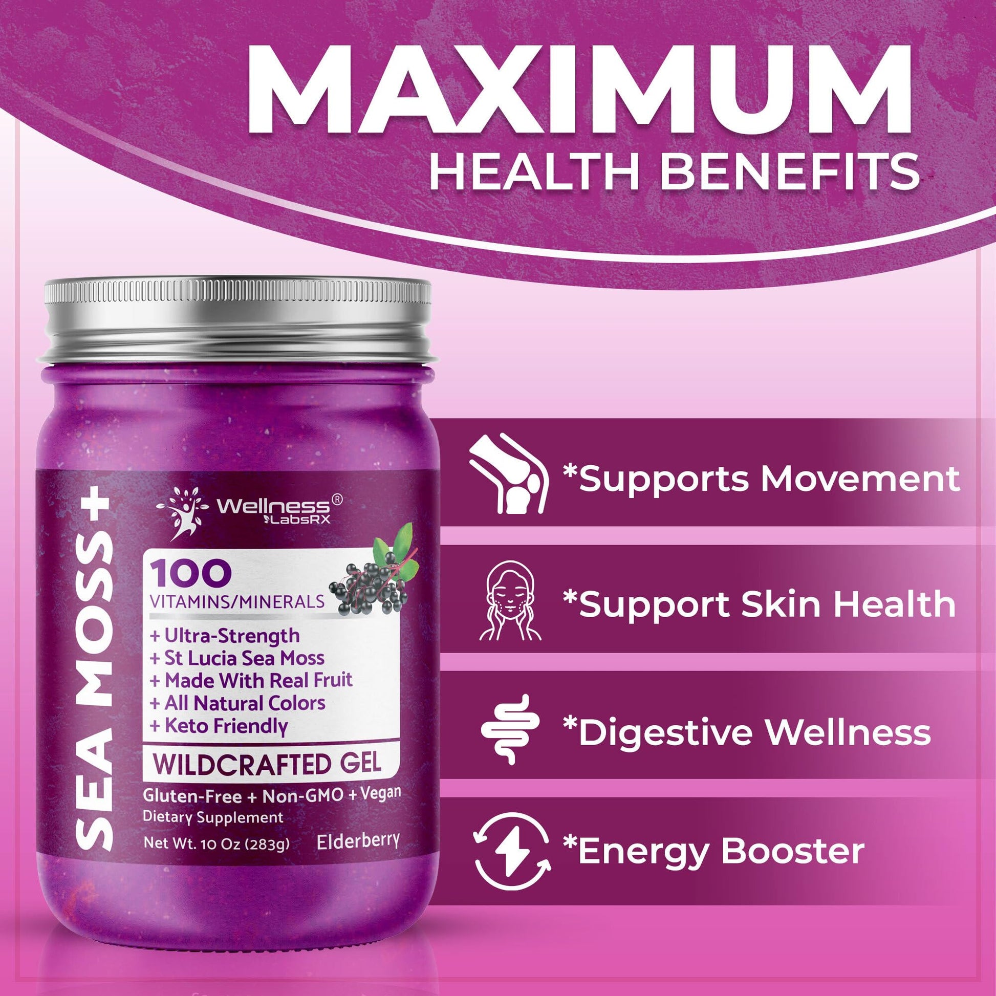 WELLNESS LABSRX Irish Sea Moss Gel Raw - Wildcrafted Superfood Seamoss Gel - Elderberry Flavor, Vitamin and Mineral-Rich from Pristine Caribbean Waters, Immune and Digestive Health Support - 10 oz. WELLNESS LABSRXAu supplements