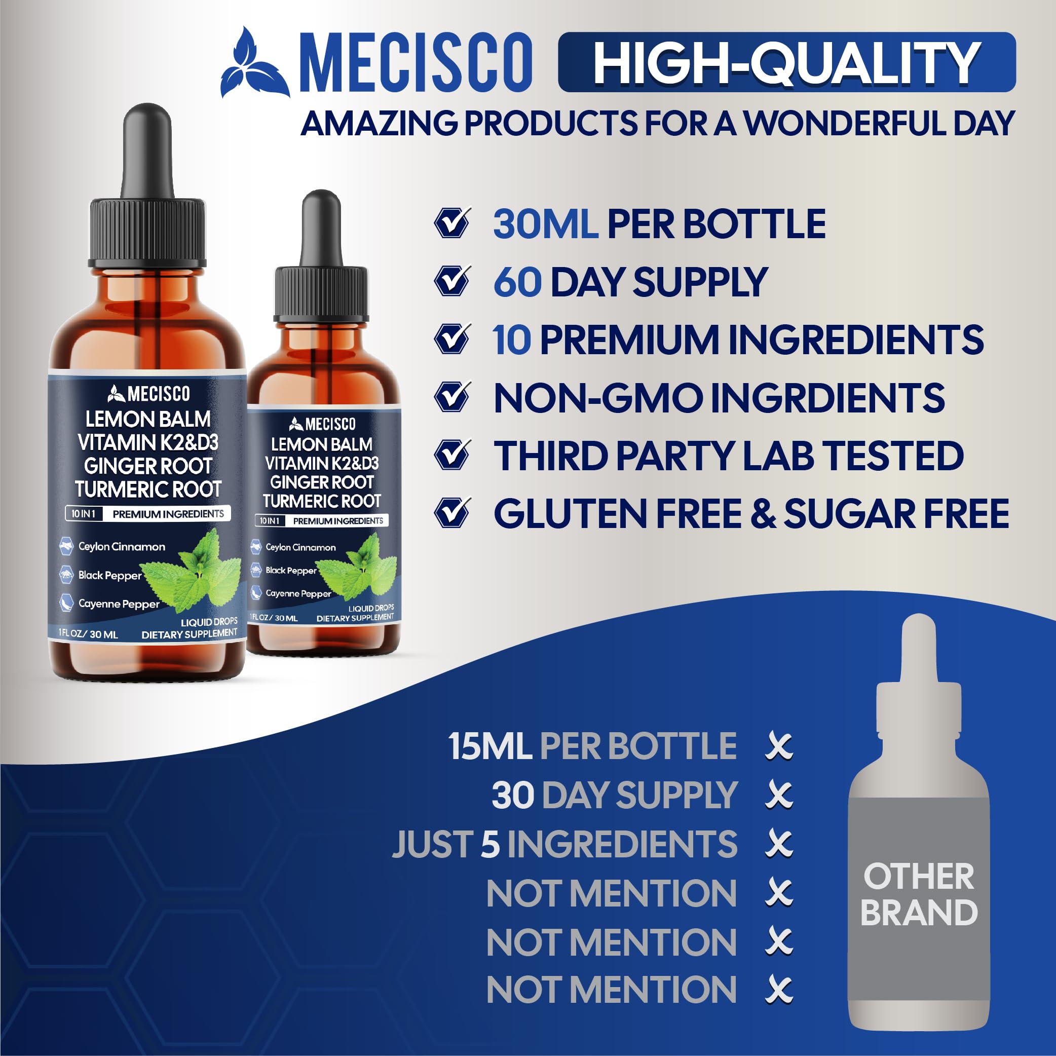 10in1 Lemon Balm Liquid Drops Blend Includes Vitamin D3, Vitamin K2, Lemon Balm, Ginger, Turmeric, Ceylon Cinnamon, Black Pepper, Cayenne Pepper, Berberine, Valerian Root - 1 FL Oz - 2 Month Supply MeciscoAu supplements