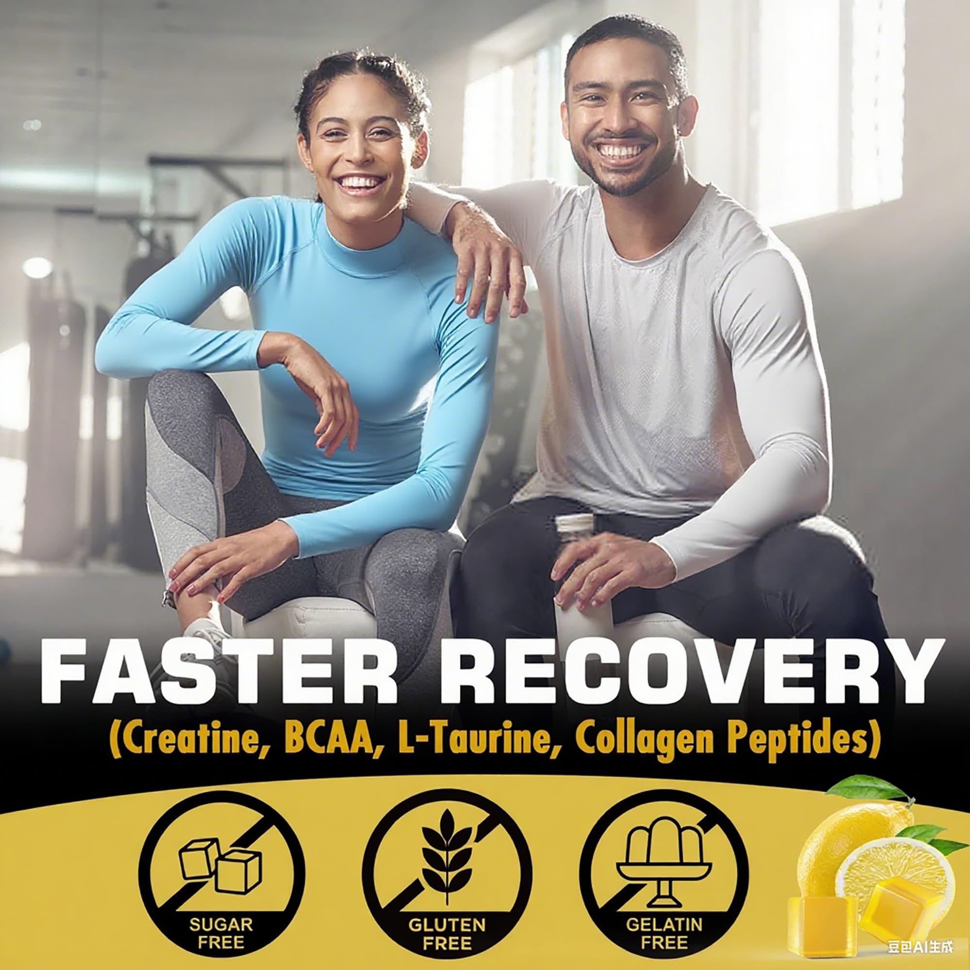 Creatine Monohydrate Gummies for Men & Women - with BCAA, Collagen Peptides, L-Taurine, Vitamin B12, D3, Chewables Creatine Monohydrate 5g Per Serving, Natural Lemon Flavor, Sugar Free, 2 Pack EnvyCureAu supplements