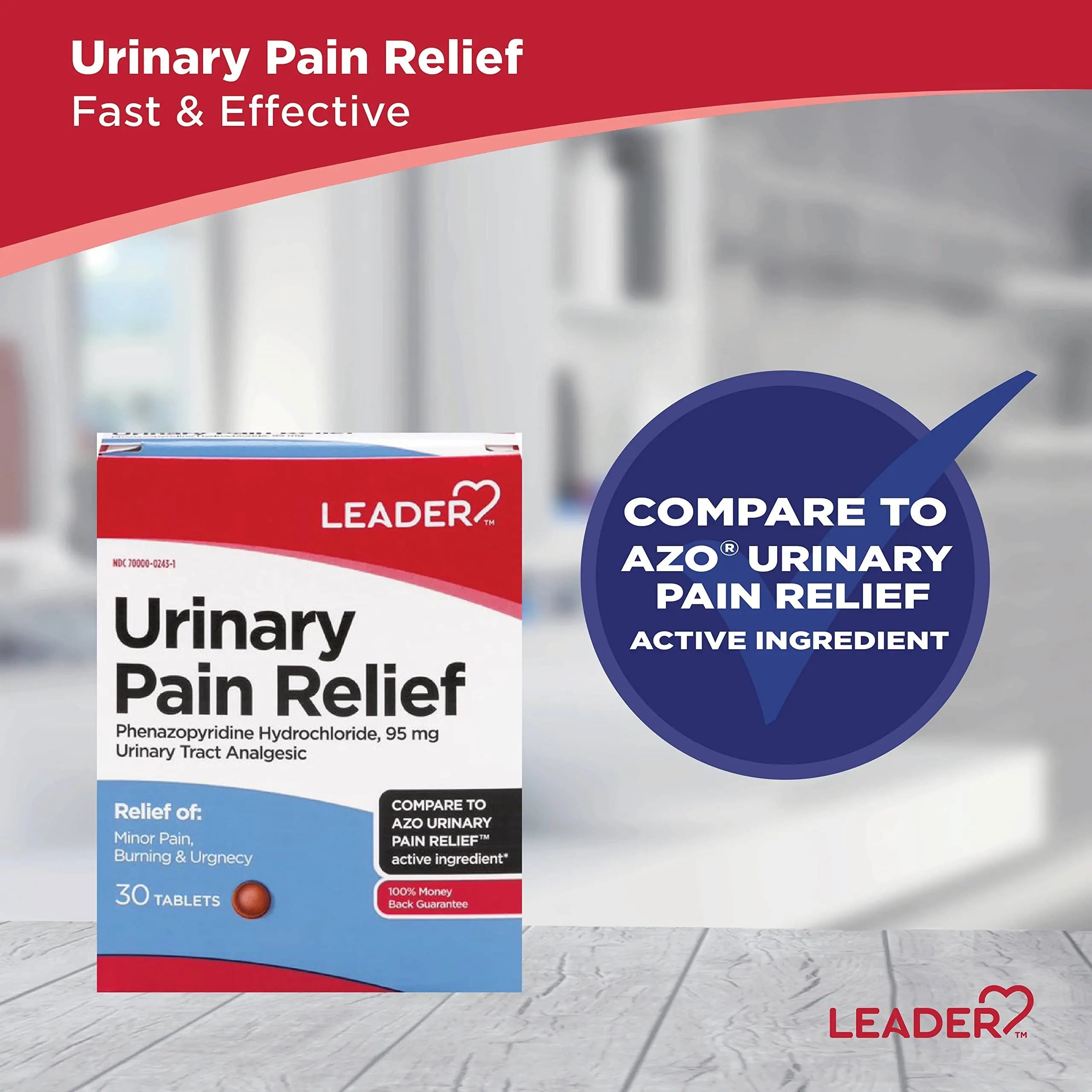 Leader Urinary Pain Relief Maximum Strength, Urinary Tract Analgesic, Relieves Burning and Urgency, Phenazopyridine Hydrochloride 95 mg, for Adults, Both Men & Women, 30 Tablets LeaderAu supplements