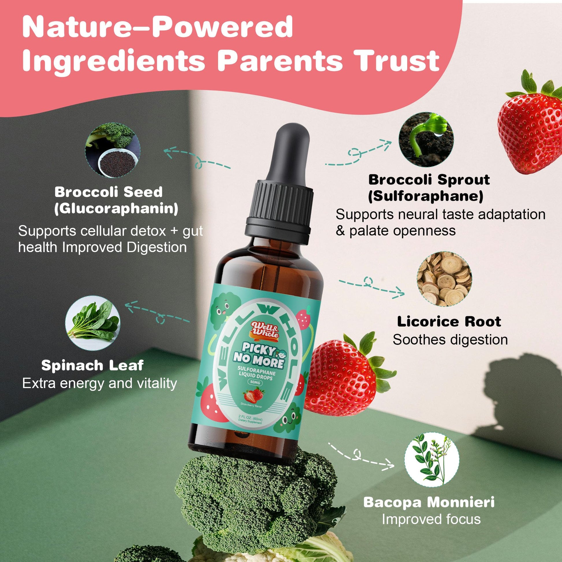 Well&Whole Sulforaphane Kids Liquid Supplement – Pick No More Broccoli Sprout Extract Drops, Hidden Greens for Picky Eaters, Daily Nutrition Support, Sugar-Free, Vegan, 60mL Well&WholeAu supplements