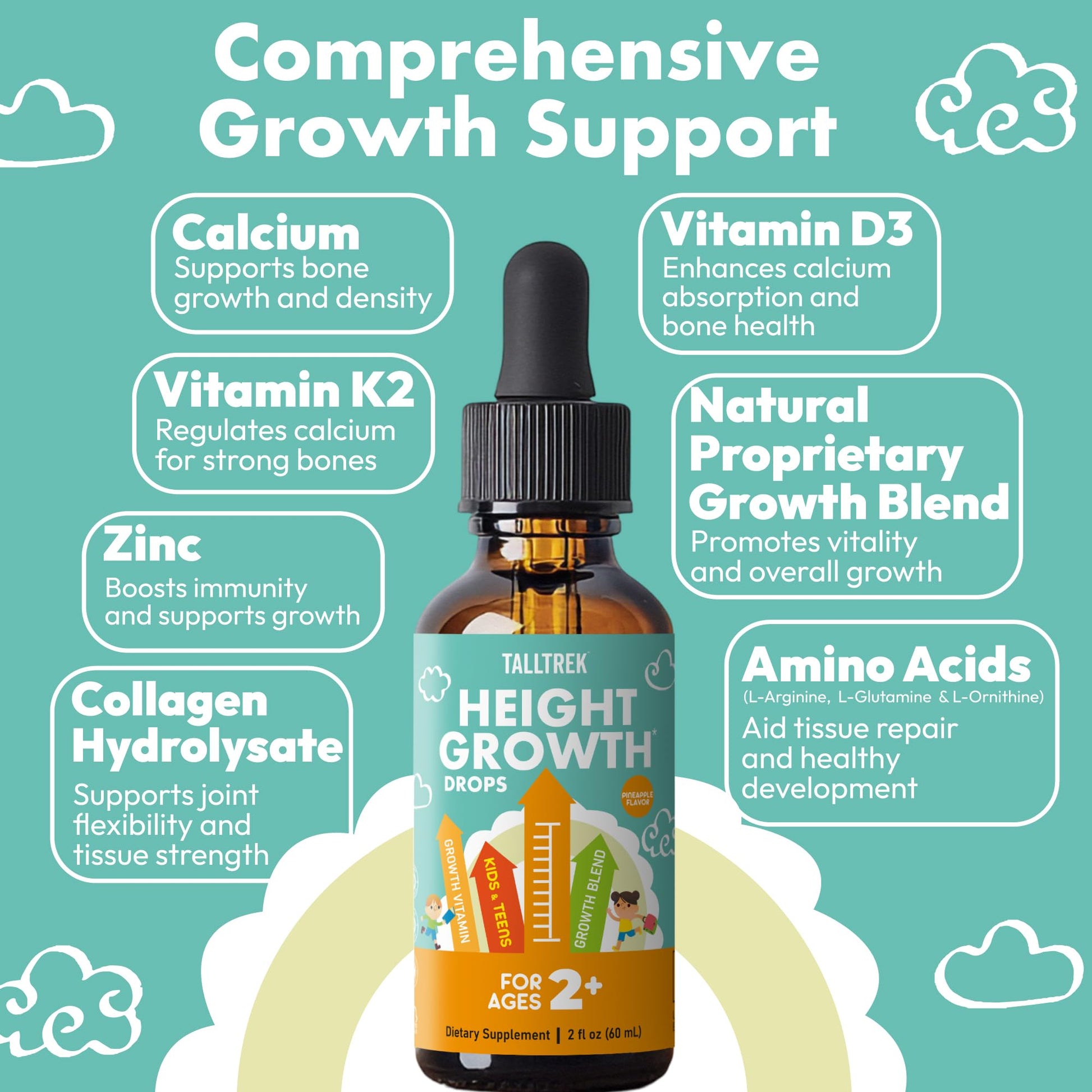 TallTrek Height Growth Supplement Drops for Kids - Teens Bone Growth Height Increase and Maximizer Immune Health Drops with Vitamins D3 K2 Zinc & Calcium - Gluten Free Vegan Pineapple Flavor TallTrekAu supplements