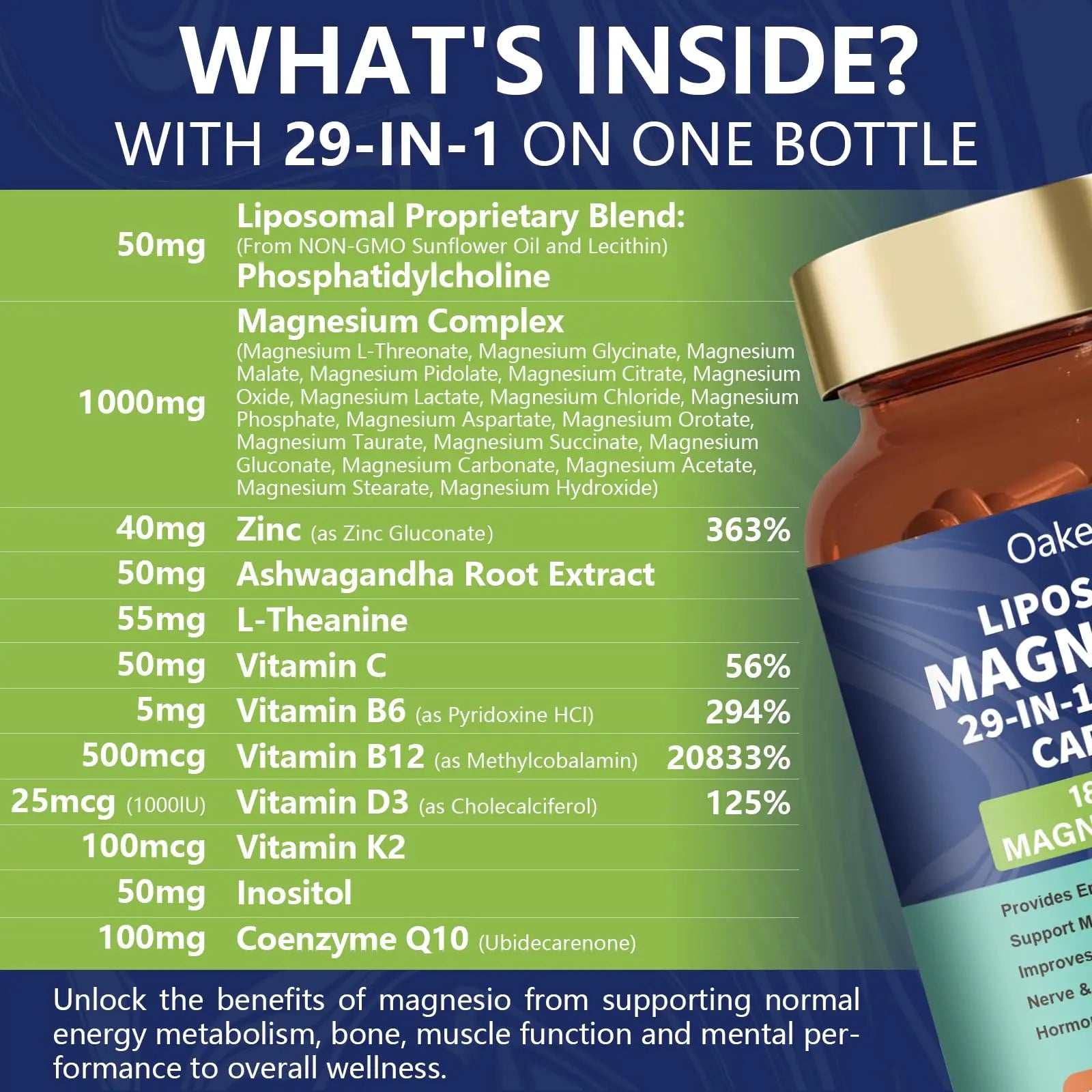 29-in-1 Liposomal 18 Active Types Magnesium Complex 1400MG Capsule,L-Threonate Glycinate Malate etc,Mild & Efficient,Extra Vitamin B6 B12 D3K2 & CoQ10, Relaxation Nerve* & Hert* Support Oakevlpnz supplements