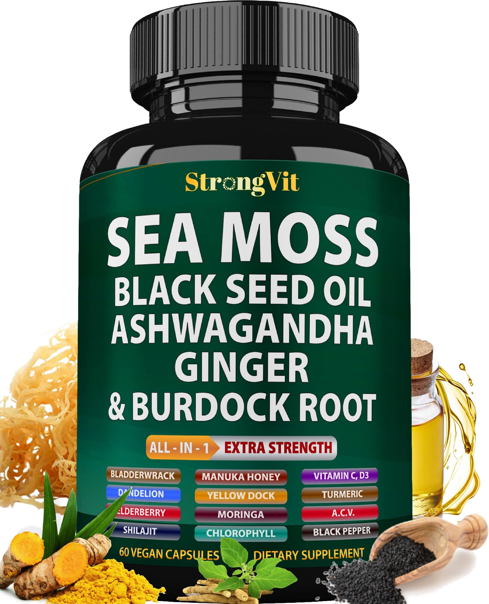 StrongVit Sea Moss Black Seed Oil Ashwagandha Ginger, Organic Sea Moss Capsules with Burdock Root, Irish Seamoss Pills with Bladderwrack, Advanced Multimineral Supplement, USA StrongVitAu supplements