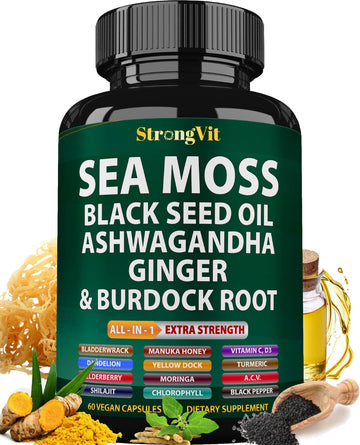 StrongVit Sea Moss Black Seed Oil Ashwagandha Ginger, Organic Sea Moss Capsules with Burdock Root, Irish Seamoss Pills with Bladderwrack, Advanced Multimineral Supplement, USA StrongVitAu supplements