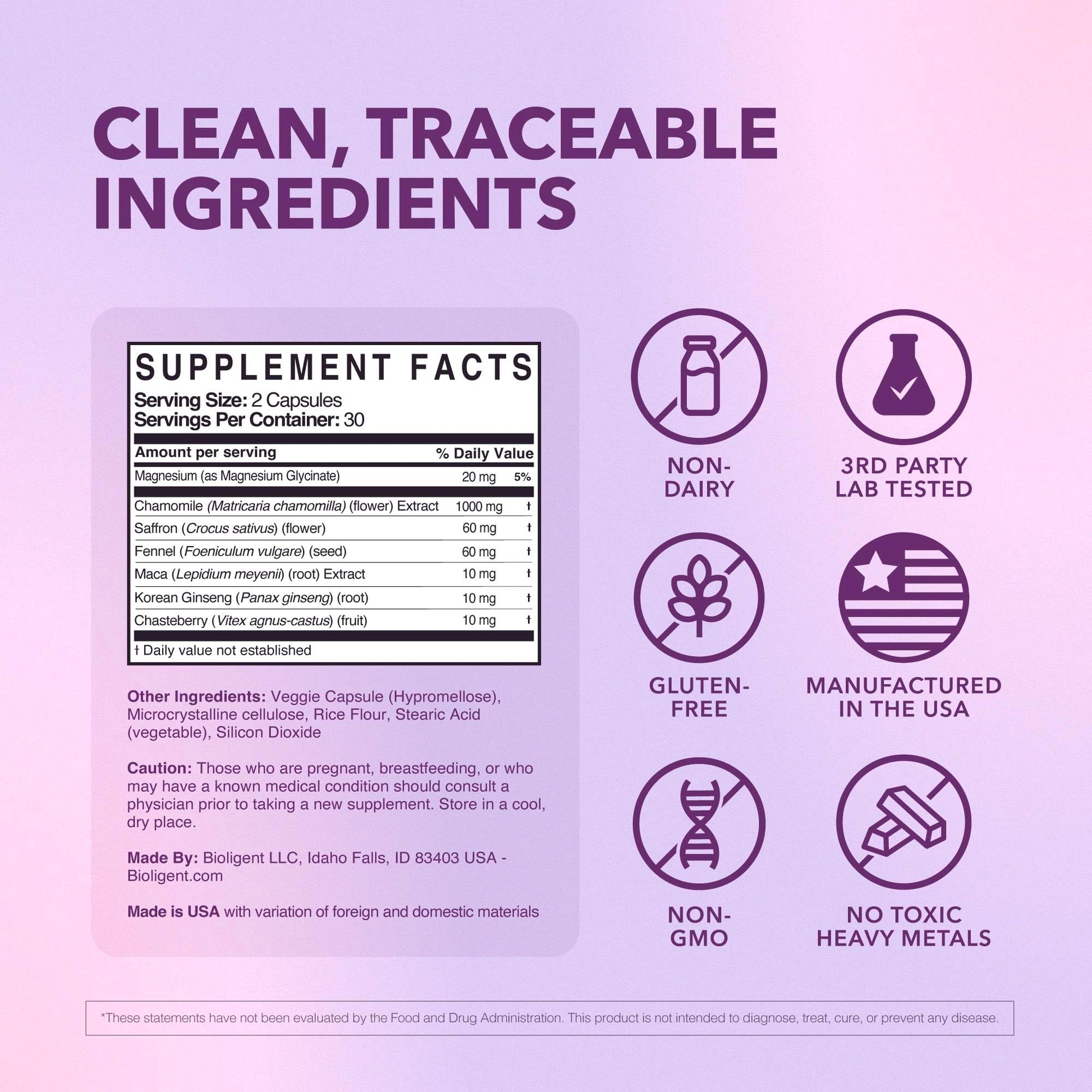Bioligent Menopause Support Supplement for Women, Hot Flash, Sleep, Mood & Focus Support, Hormone-Free with Maca, Ginseng, Chamomile & Saffron, Non-GMO, 60 Capsules, 30 Day Supply BIOLIGENTAu supplements