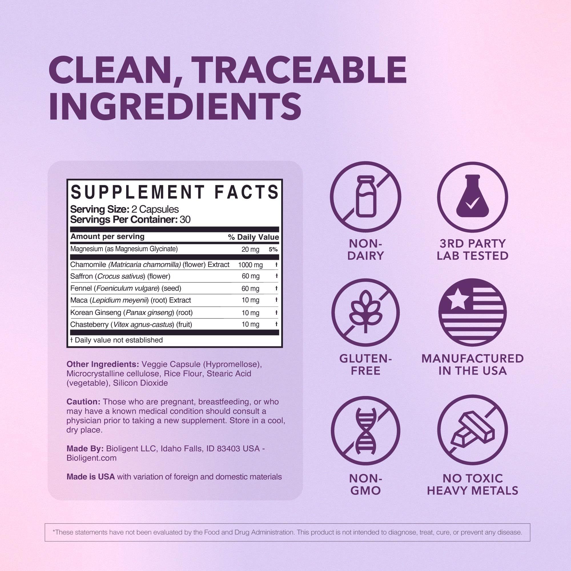Bioligent Menopause Support Supplement for Women, Hot Flash, Sleep, Mood & Focus Support, Hormone-Free with Maca, Ginseng, Chamomile & Saffron, Non-GMO, 60 Capsules, 30 Day Supply BIOLIGENTAu supplements