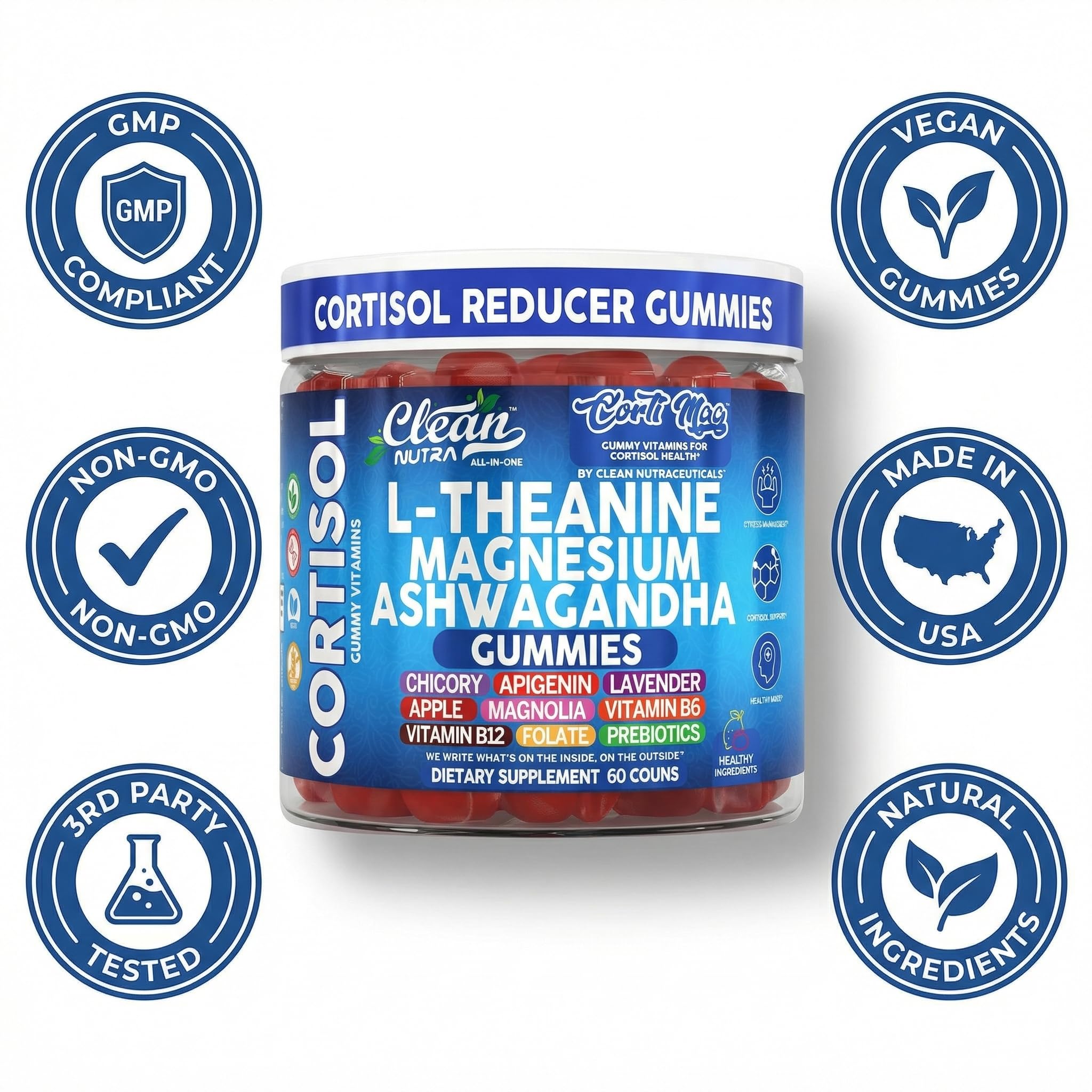 Clean Nutra Cortisol Supplement Gummies L-Theanine Magnesium Ashwagandha Apigenin Vitamin B6 Sleep and Calm Support Lavender Chicory Prebiotic Advanced Gummy Formula Clean NutraceuticalsAu supplements