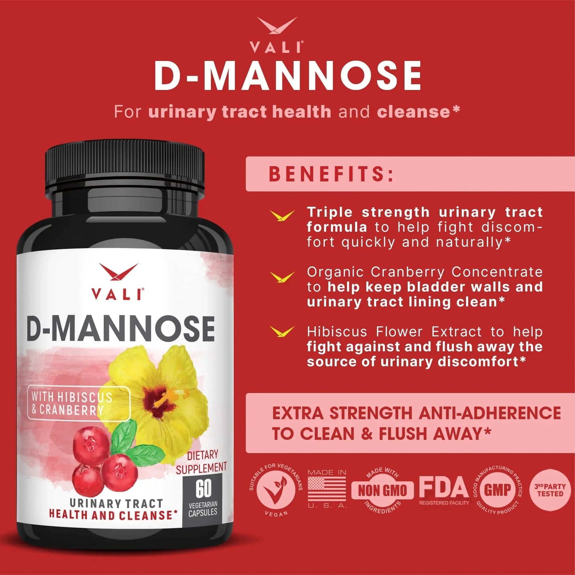 VALI D-Mannose 1000mg Urinary Tract Health Formula. Organic Cranberry Fruit Powder & Hibiscus. Healthy Bladder, Natural Cleanse, Fast Detox Flush, Herbal UT Function Support Pills. 60 Veggie Capsules VALIAu supplements