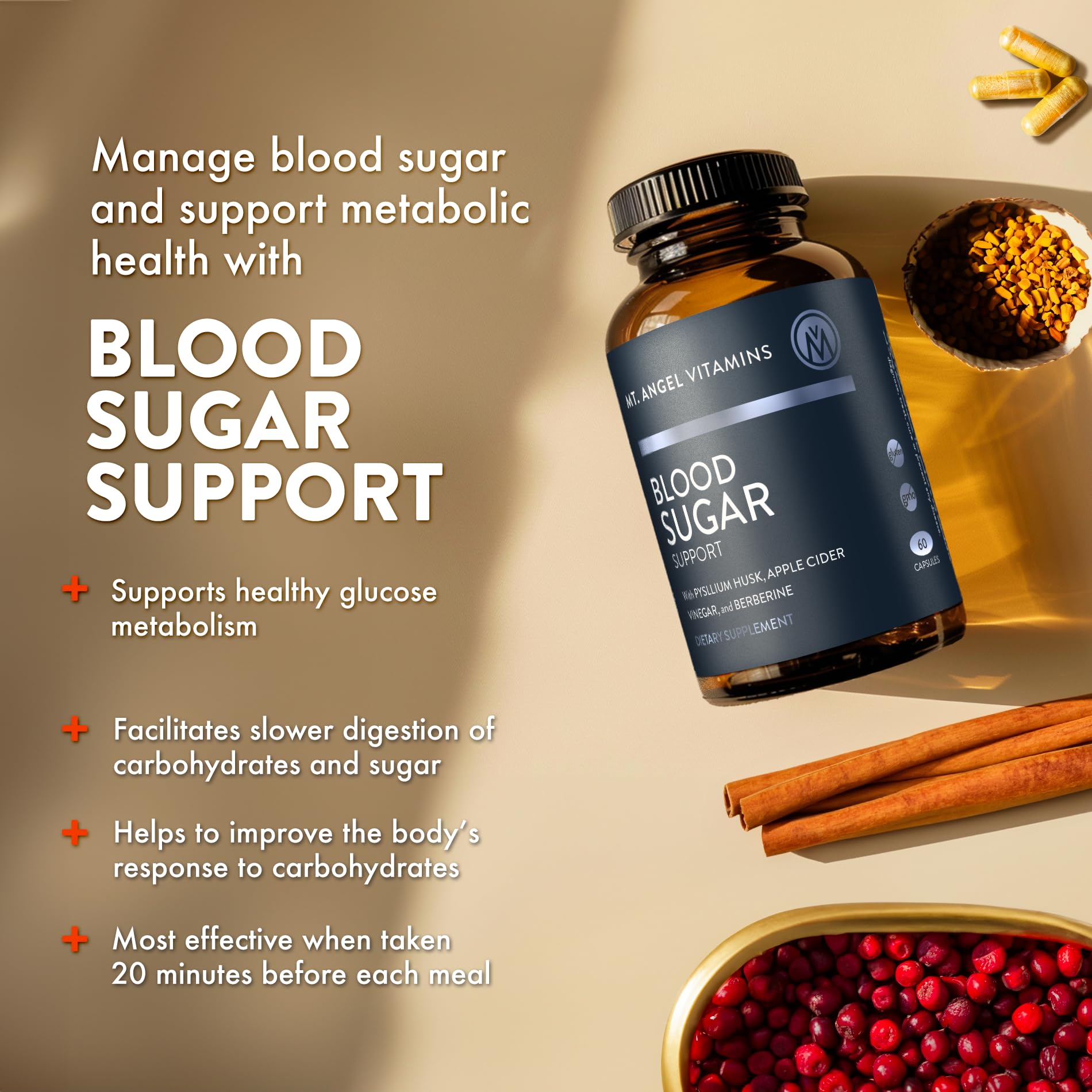 Mt. Angel Vitamins Blood Sugar Support Supplement - Natural Supplement with Pysllium Husk, Berberine with Ceylon Cinnamon, and Apple Cider Vinegar - Supports Healthy Blood Sugar Levels - 60 Capsules Mt. Angel VitaminsAu supplements