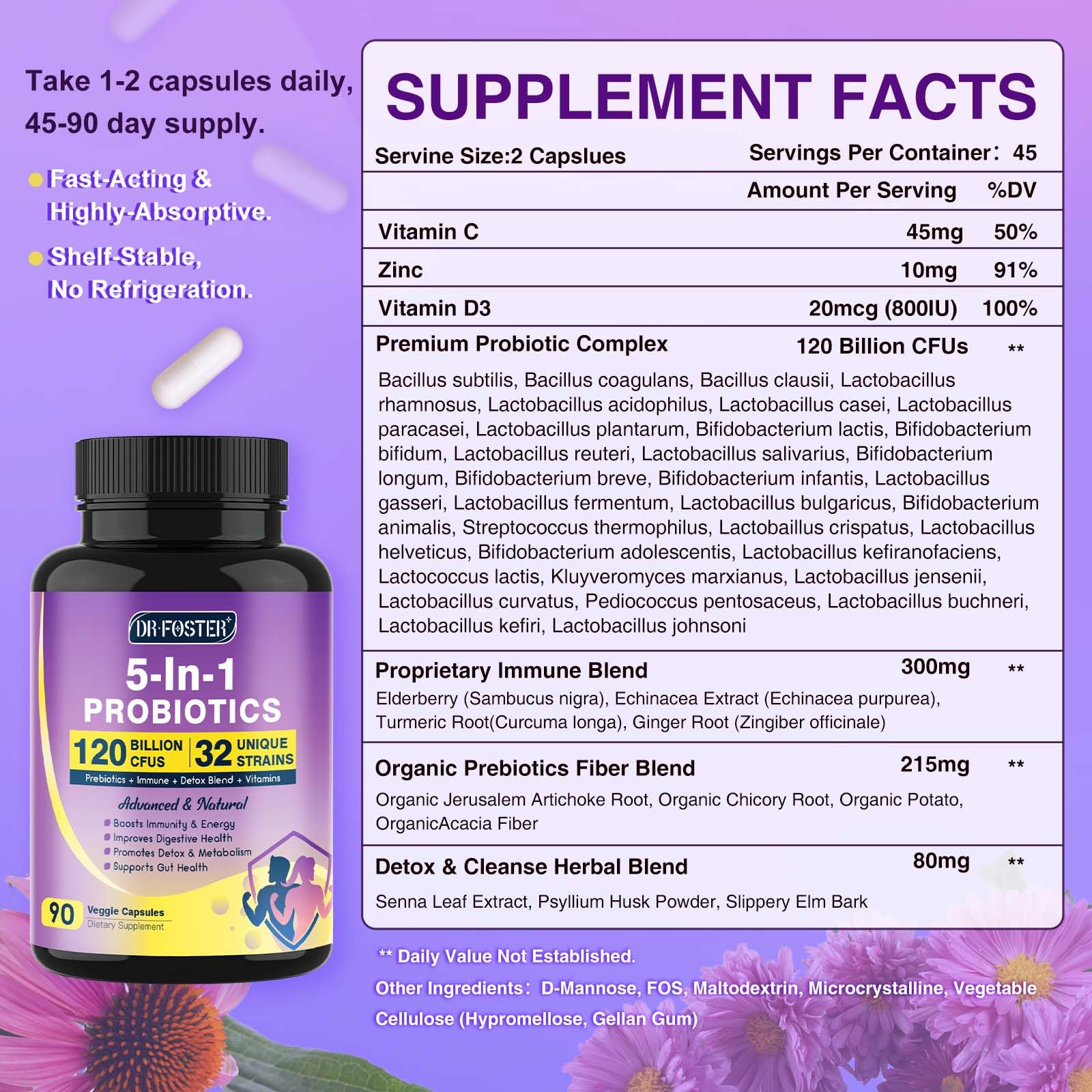Probiotics for Women & Men Digestive Health，120 Billion CFUs, Prebiotics and Probiotics DRFOSTERAu supplements