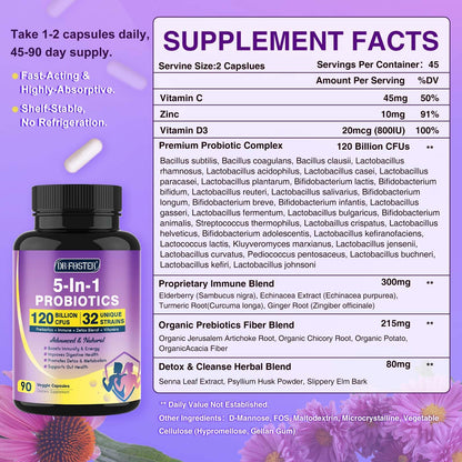 Probiotics for Women & Men Digestive Health，120 Billion CFUs, Prebiotics and Probiotics DRFOSTERUS supplements