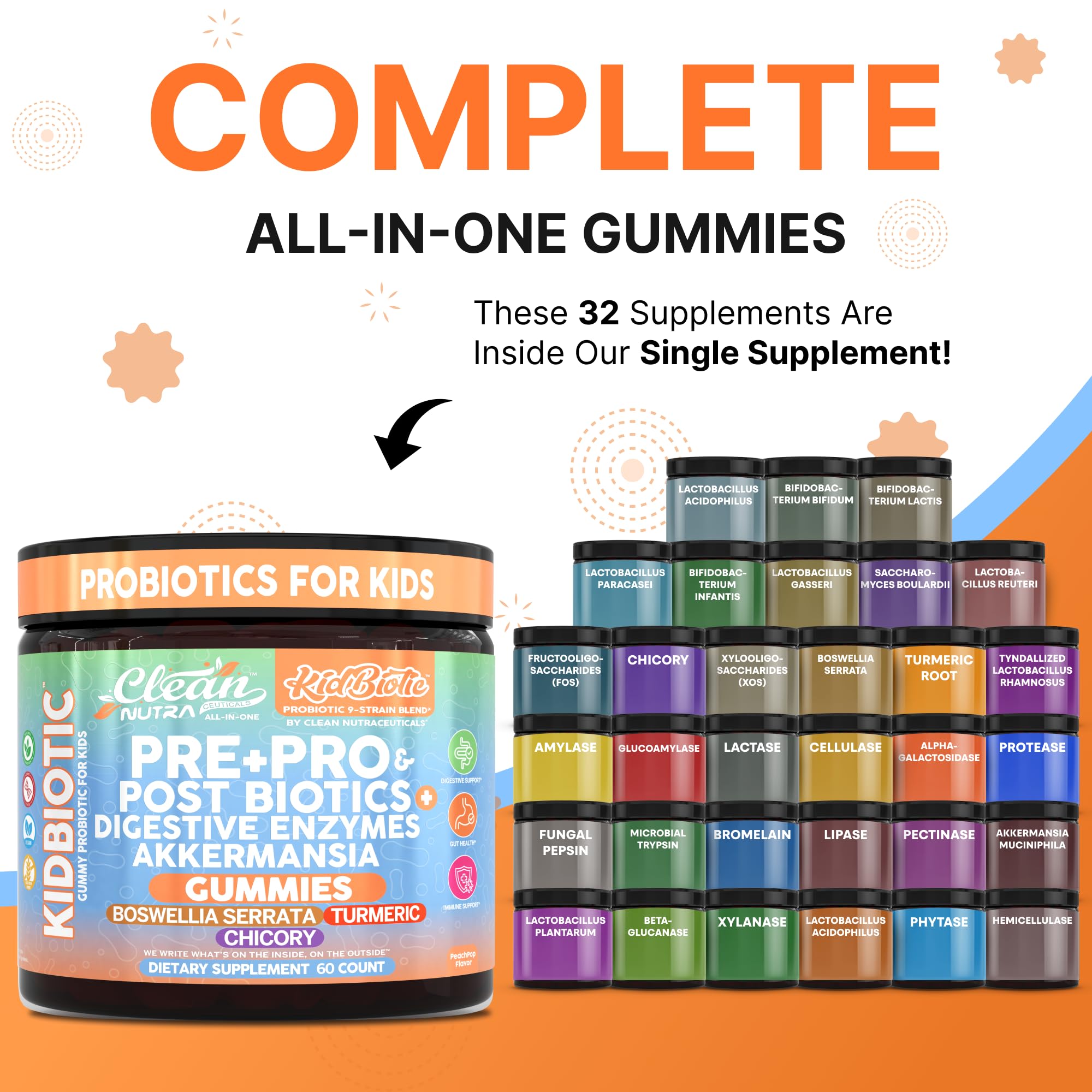 Clean Nutra Kids Probiotics Gummies with Prebiotics, Postbiotics, Digestive Enzymes, Akkermansia, Boswellia Serrata, Turmeric, Chicory – 60 Count – Plant-Based Supplement for Kids – PeachPop Flavor Clean NutraceuticalsAu supplements