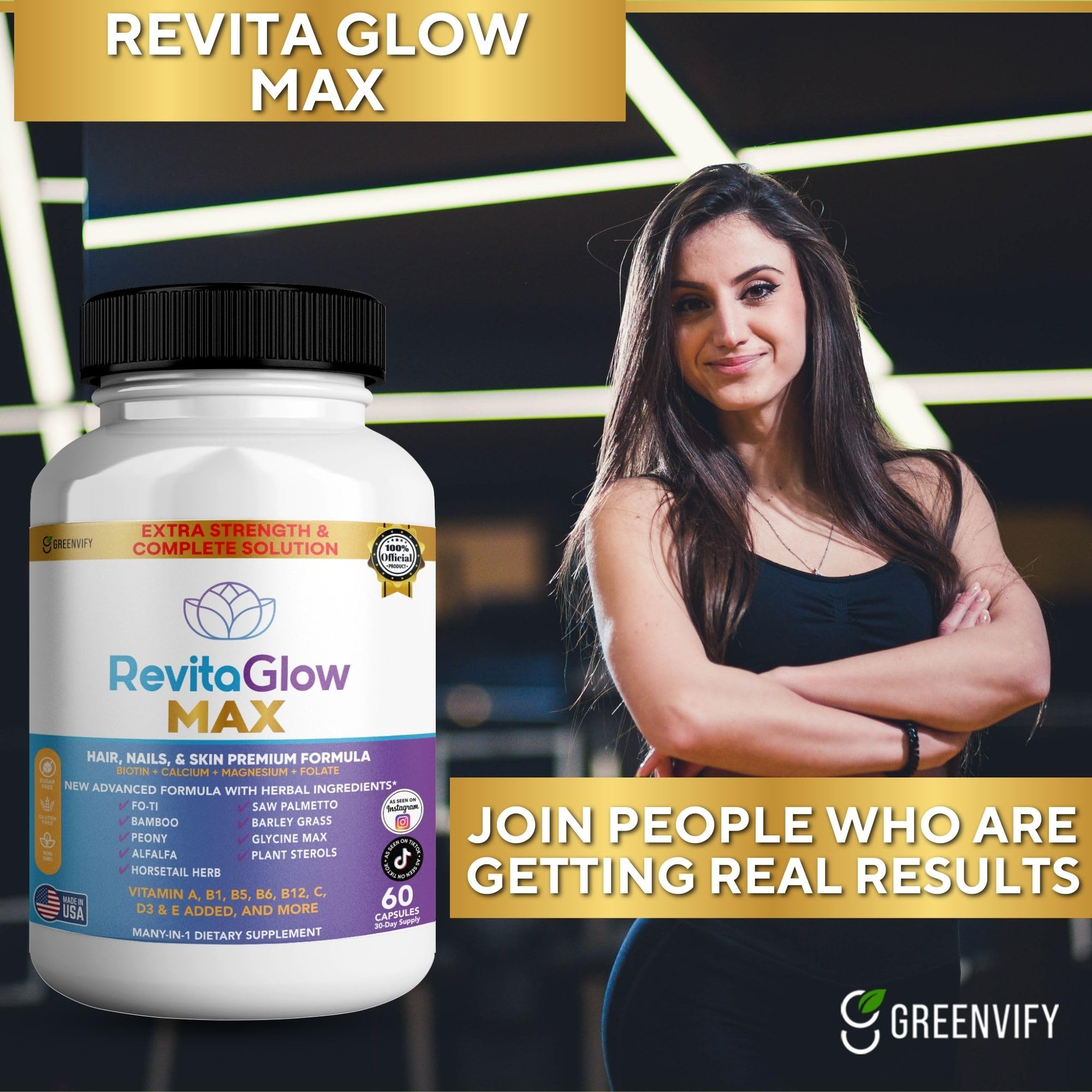 GREENVIFY RevitaGlow Max Hair, Nails & Skin Premium Formula, 60 Capsules, 30-Day Supply, with Biotin, Vitamins A, B1, B5, B6, B12, C, D3, E (1) GREENVIFYAu supplements