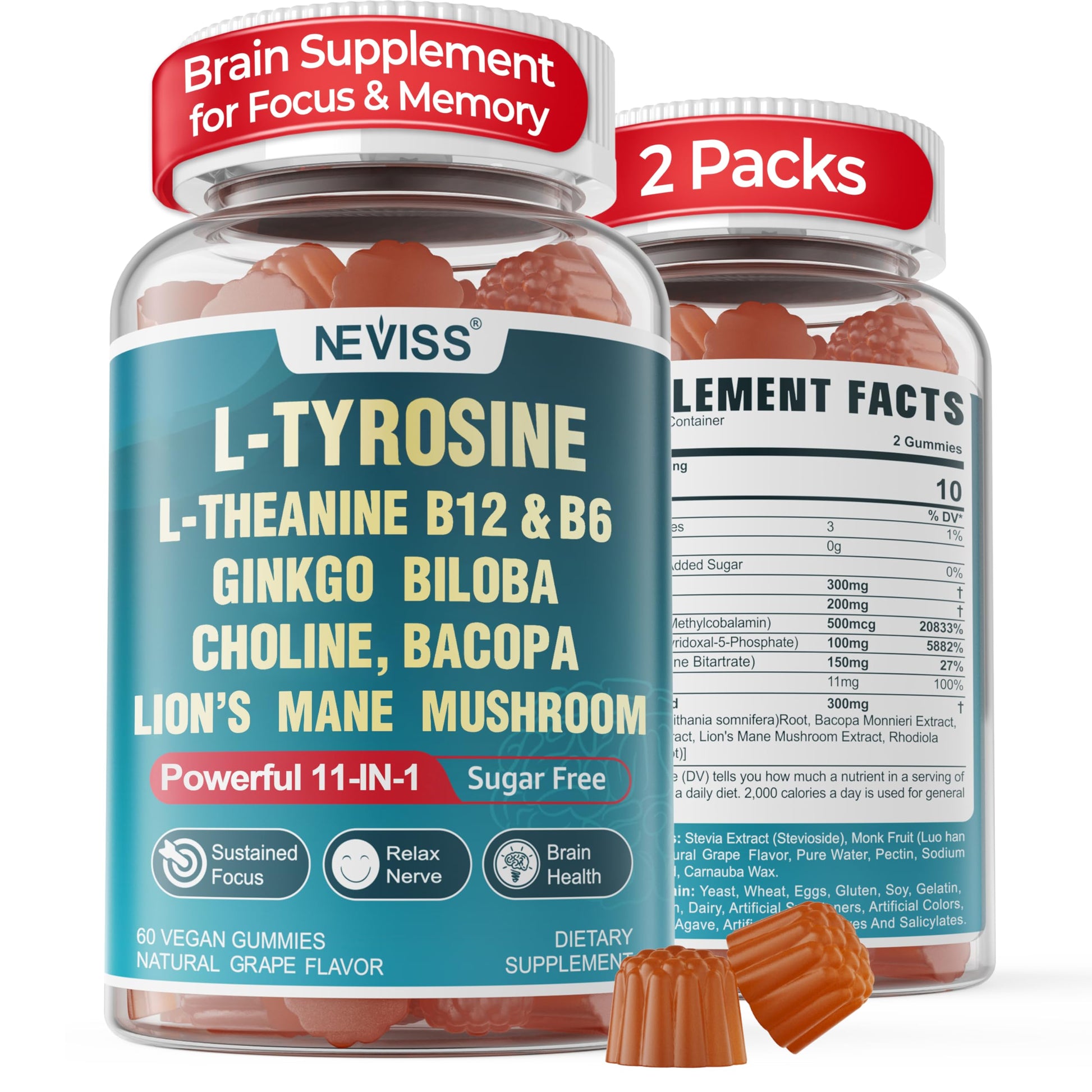11-IN-1 Brain Supplement for Memory and Focus with L-Tyrosine L-Theanine, Methylated B12 & B6, Lion's Mane Mushroom, Ginkgo Biloba, Bacopa Monnieri, Choline for Focus, Nootropic, Energy, 2Packs NEVISSAu supplements