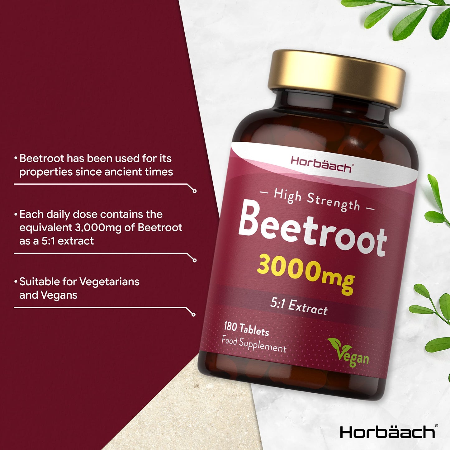 Beetroot Tablets 3000mg | 180 Count | High Strength 5:1 Extract Supplement | Nitric Oxide HorbäachUS supplements