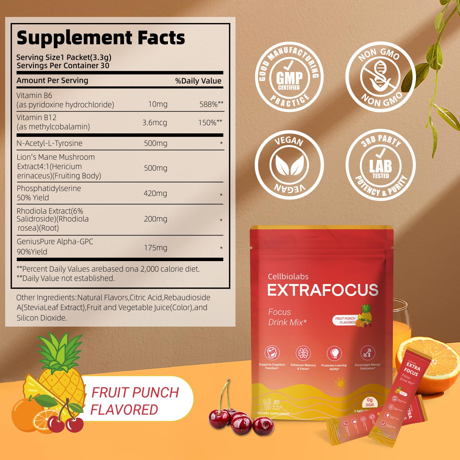 Nootropic Extra Focus Drink Mix, 30 Packs On-The-Go Sticks, Featuring Alpha-GPC, Lion's Mane & Rhodiola, Sugar-Free Packets Fruit Punch Clean Drink Mix CellbiolabsAu supplements