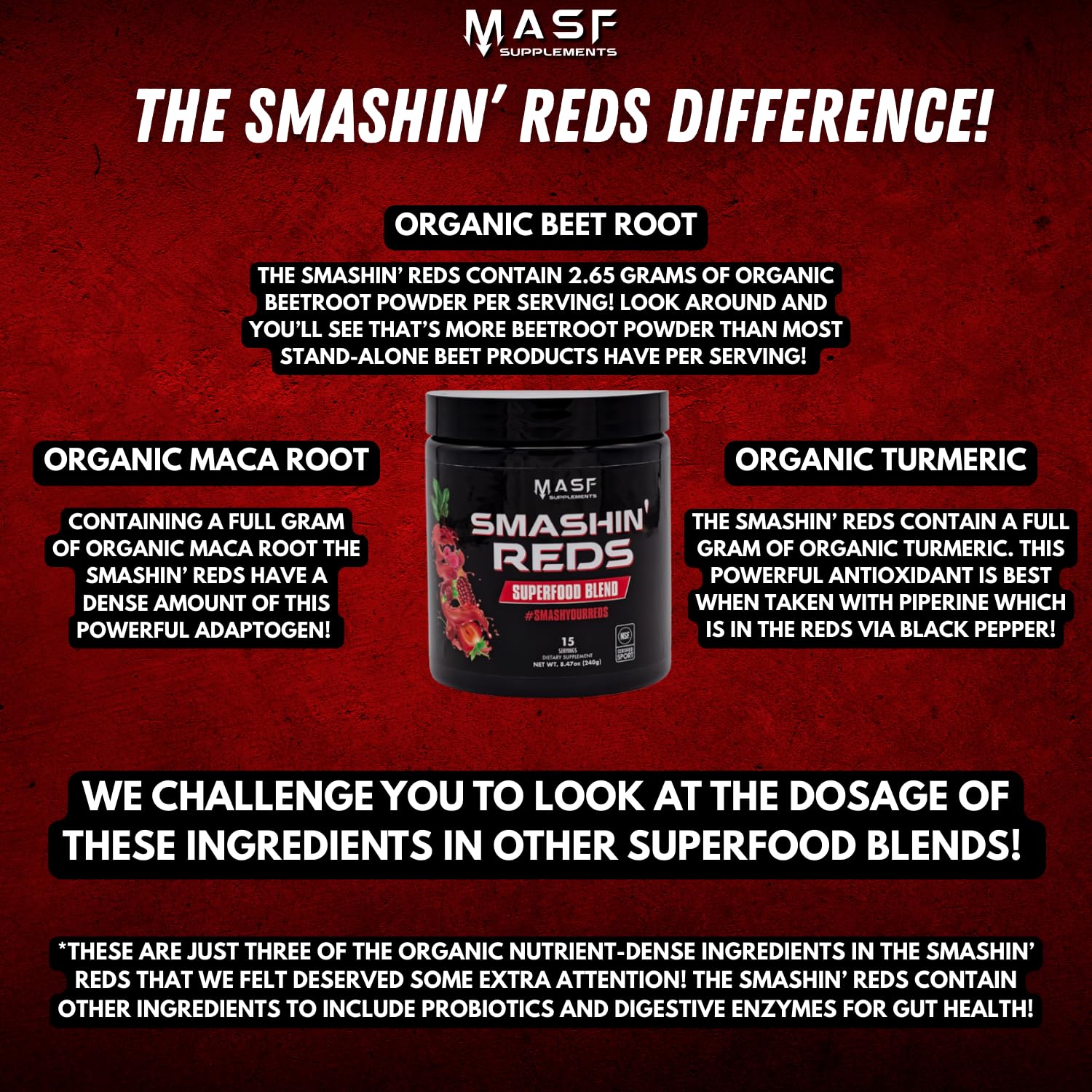 MASF Smashin' Reds Organic Superfood Supplements - 15 Servings - NSF Sport, Super Reds for Digestive Health, Energy, Endurance, Beet Root, Maca, Turmeric, Ginger, Acai, Nitric Oxide Production MASFAu supplements