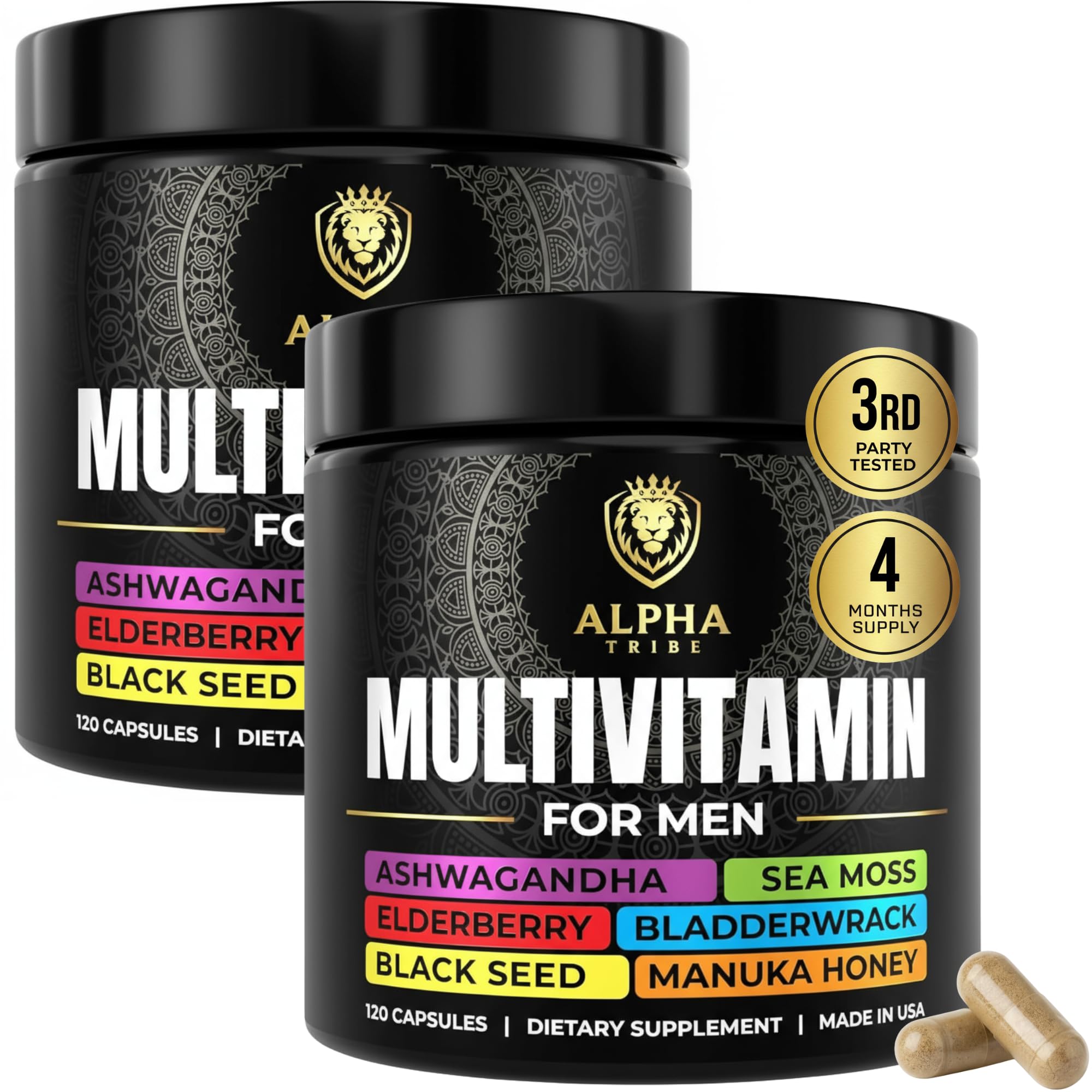 Alpha Tribe Multivitamin for Men with Sea Moss, Black Seed Oil, Ashwagandha, Turmeric, Bladderwrack, Burdock, Vitamin C, Elderberry, Manuka | Daily Vitamins & Minerals Supplement Capsules - 240 Count Alpha TribeAu supplements