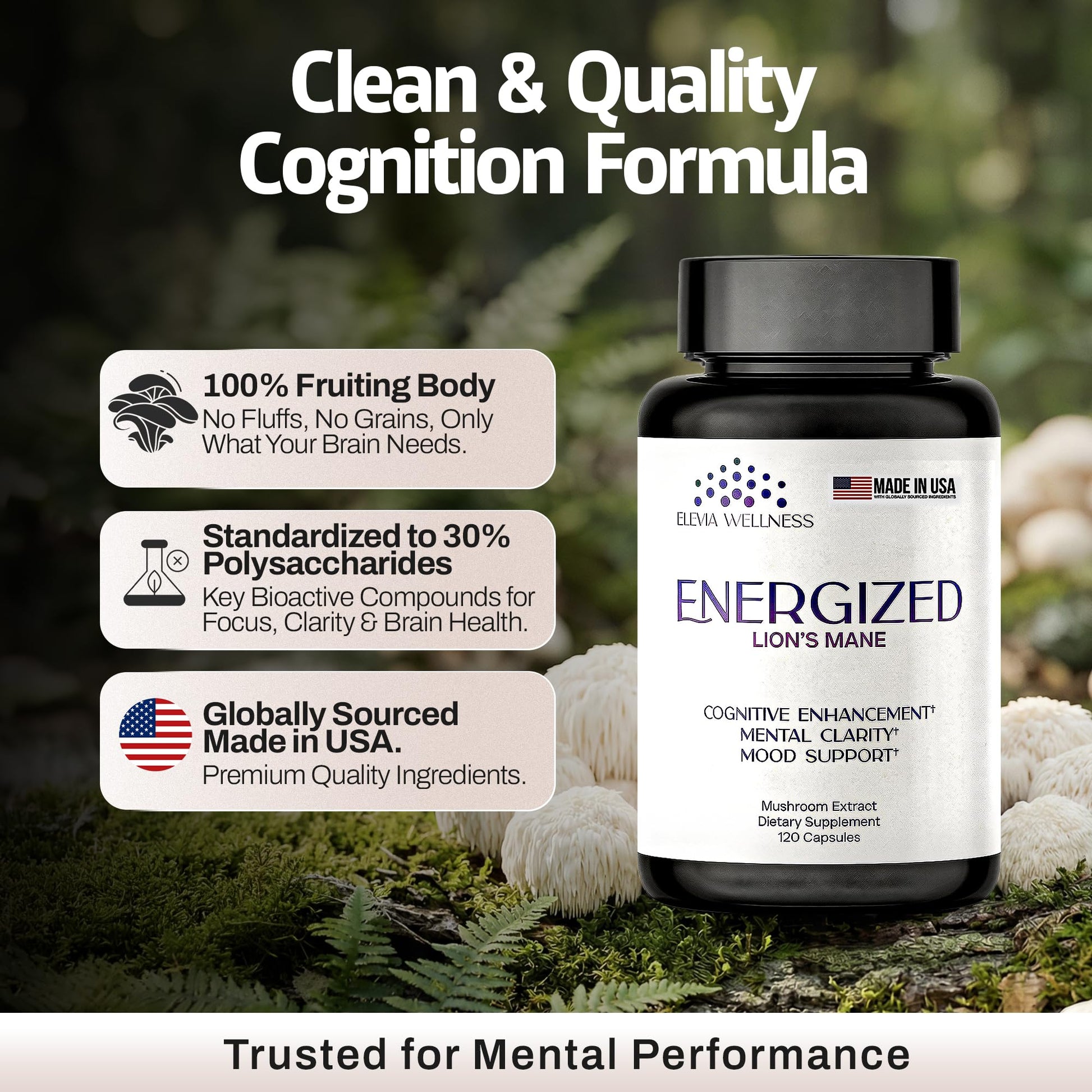 Energized Lions Mane Supplement Capsules (120ct),Brain Supplements for Memory and Focus, Nootropic for Brain Fog Relief Made in USA,30% Polysaccharides,Natural Brain Health Support Elevia WellnessAu supplements