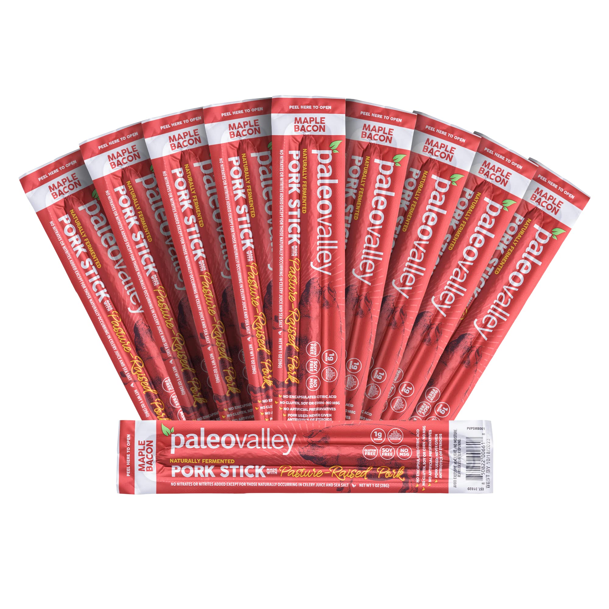Paleovalley Pasture-Raised Pork Sticks - Maple Bacon Flavor Meat Sticks Individually Wrapped, 28g - 10 Sticks - Gluten-Free Protein Snack PaleovalleyUS supplements