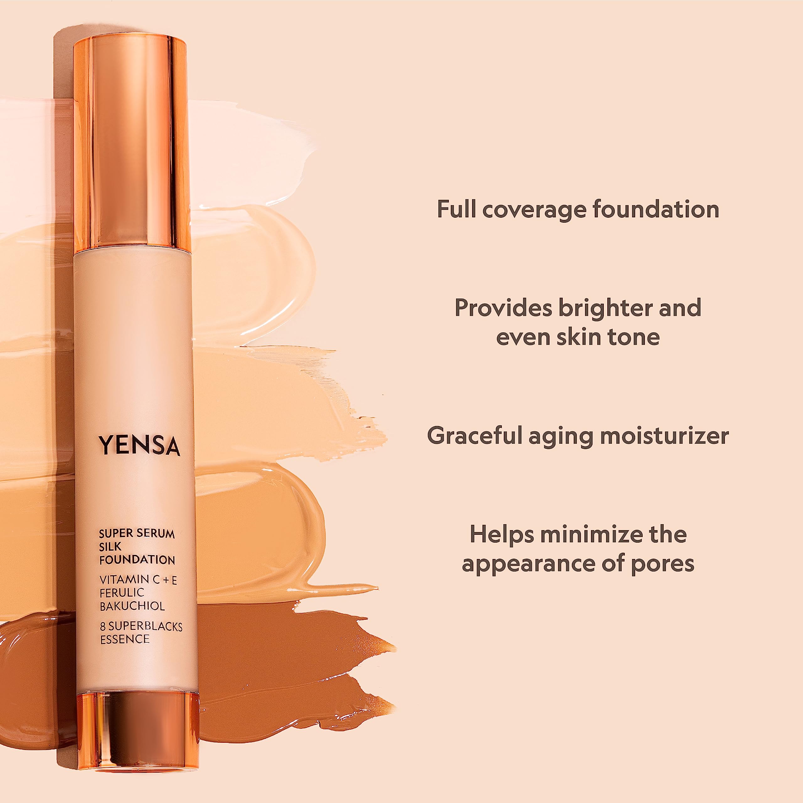 YENSA Serum Foundation Makeup - Super Silk Full Coverage Foundation Enriched with Peptides, Vitamin C & Ferulic Acid to Help Reduce Fine Lines, Wrinkles & Dark Circles - Light 1 (1 oz) YENSAAu supplements