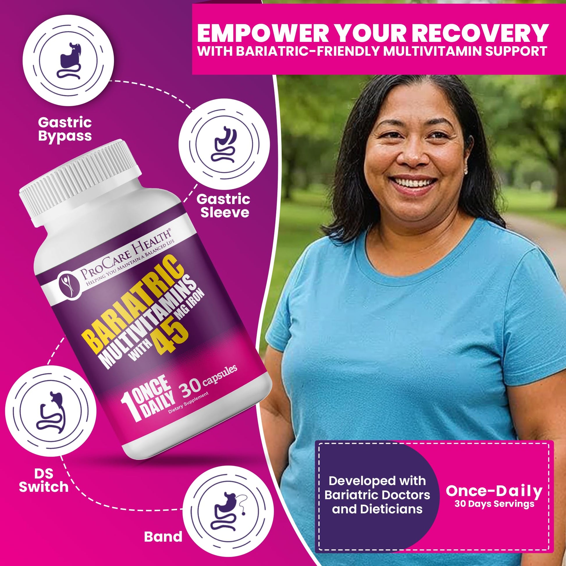 ProCare Health Bariatric Multivitamin with 45mg Iron (30 Easy to Swallow Capsules) - Once Daily Post-Op Support for Gastric Bypass ProCare HealthAu supplements