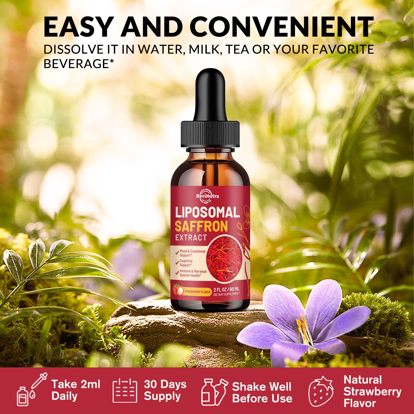 Saffron Supplements - 88.5mg Saffron Extract Liposomal Liquid Drops with Magnesium, Zinc, Ashwagandha, L-Theanine, Vitamin B6, D3 for Antioxidant Mood Energy Vision & Focus, Strawberry Flavor 2 Fl Oz ReviNutraAu supplements