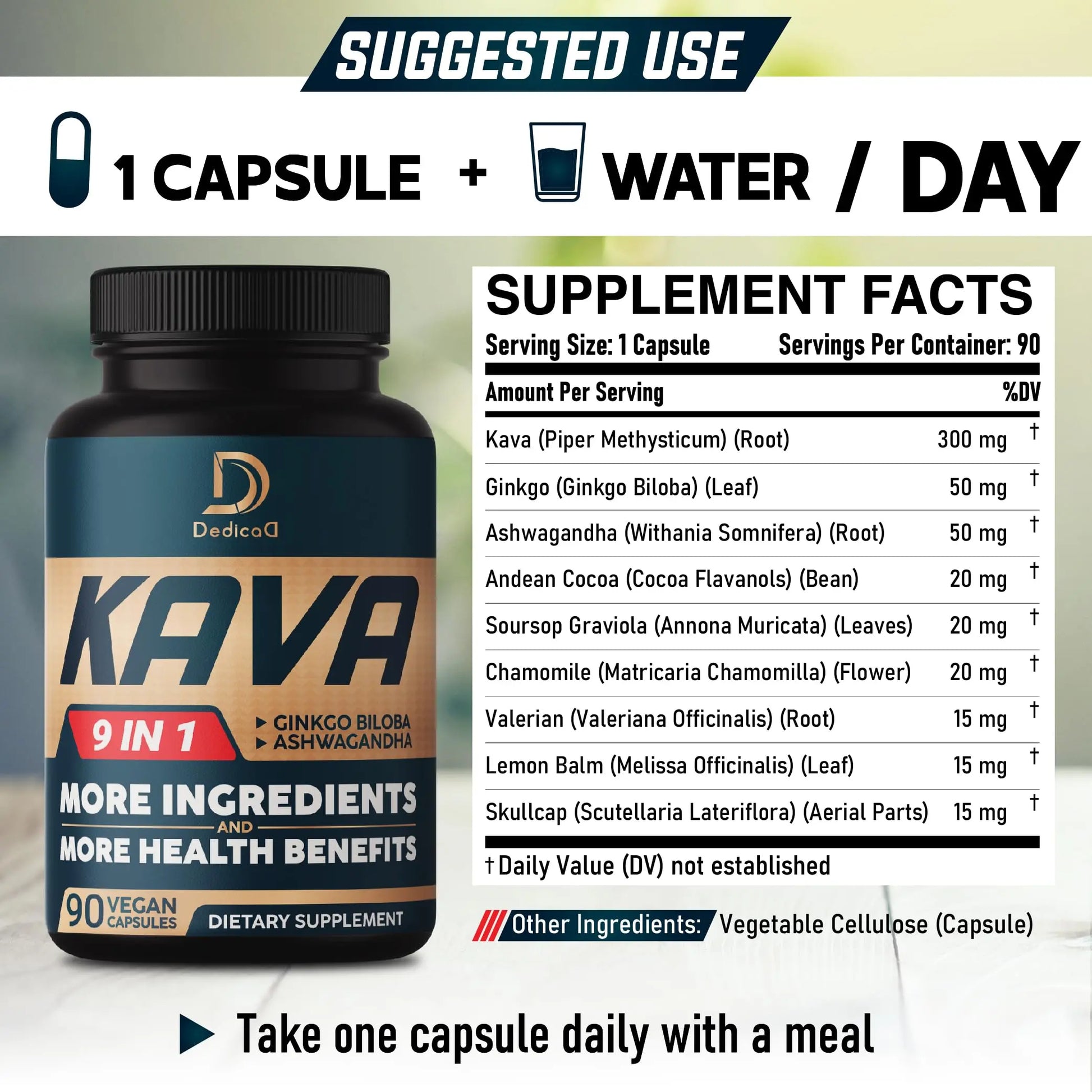 DEDICAD Kava Kava Capsules - 3 Month Supply - 9 Herbs with Ginkgo Biloba, Ashwagandha Root, Andean Cocoa, Graviola Leaf, Chamomile, Valerian, Lemon Balm & Skullcap - Support Mood & Immune - 90 Pills DEDICADnz supplements