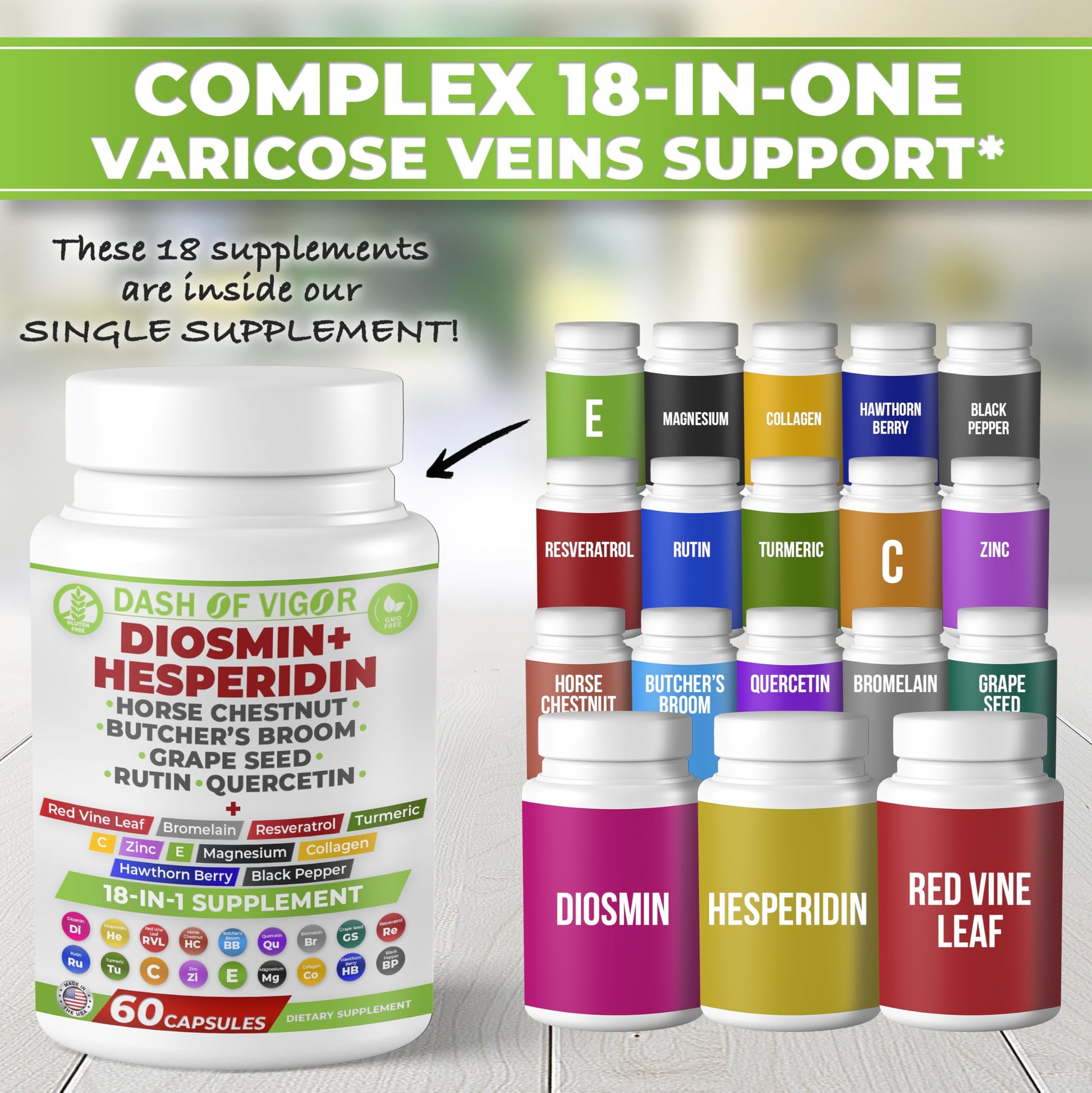 Dash of Vigor 18-in-1 Diosmin Hesperidin Supplement, Quercetin with Bromelain, Zinc, Vitamin C with Rutin Supplement, Horse Chestnut Extract, Butcher's Broom Extract, USA, 60 Capsules DASH OF VIGOR DOFVAu supplements