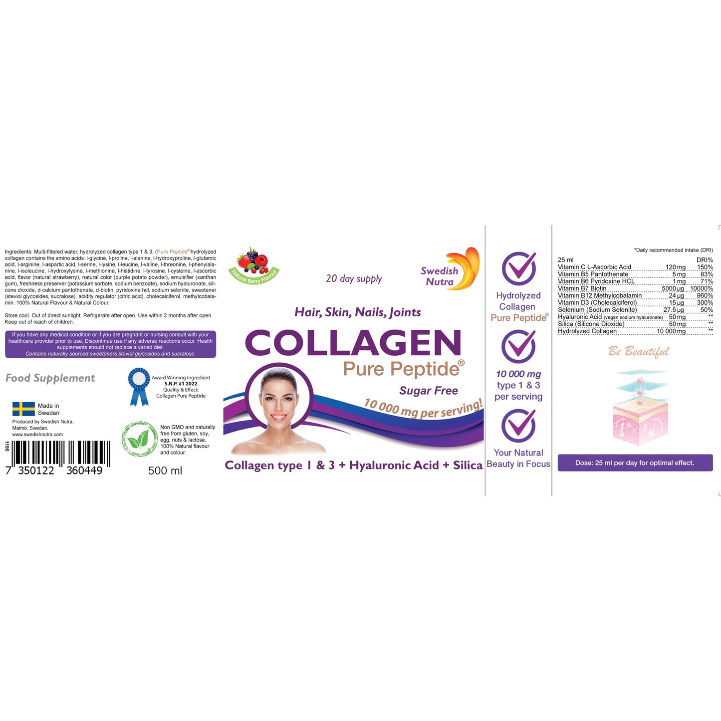 Swedish Nutra Liquid Bovine Collagen - Pack of 500ml, 20 Day Supply | Sugar Free Berry Flavour Swedish NutraUS supplements